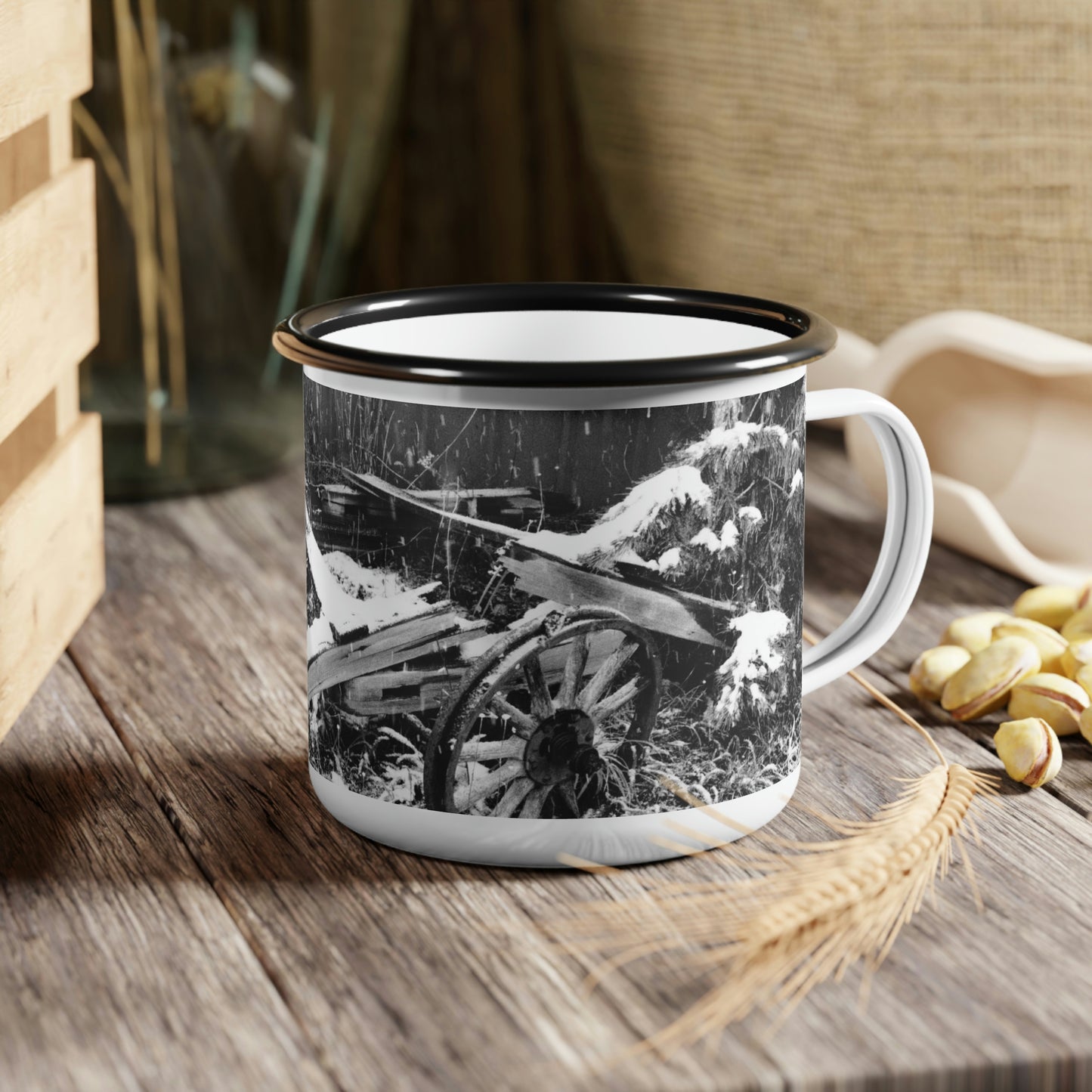 Enamel Camp Cup ... How Things Were Done 'A Long Time Ago' ... Wheel-Wagon & Snow