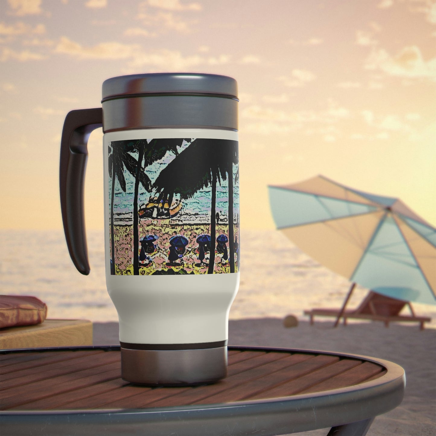 Stainless Steel Travel Mug with Handle, 14oz ... "A Beautiful Beach Amongst The Palms" ... The Outrigger Waikiki, Honolulu, Oahu ... Original Works ...
