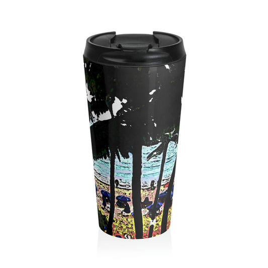 Stainless Steel Travel Mug ... "A Beautiful Beach Amongst The Palms" ... The Outrigger Waikiki, Honolulu, Oahu ... Original Works ...
