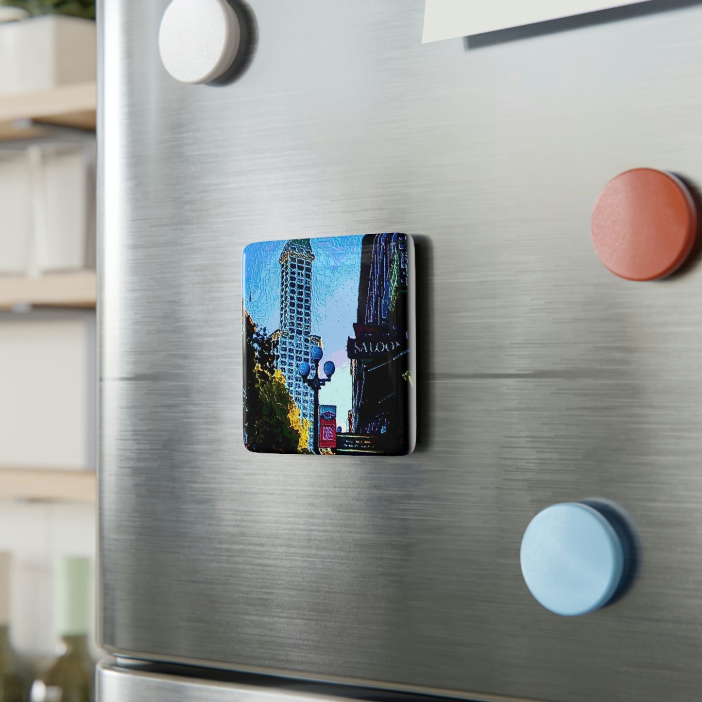 Porcelain Magnet, Square ...  Pioneer Square & Smith Tower ... 'That World Famous View' ... Colleague Supplied Photo ... Original Works ...
