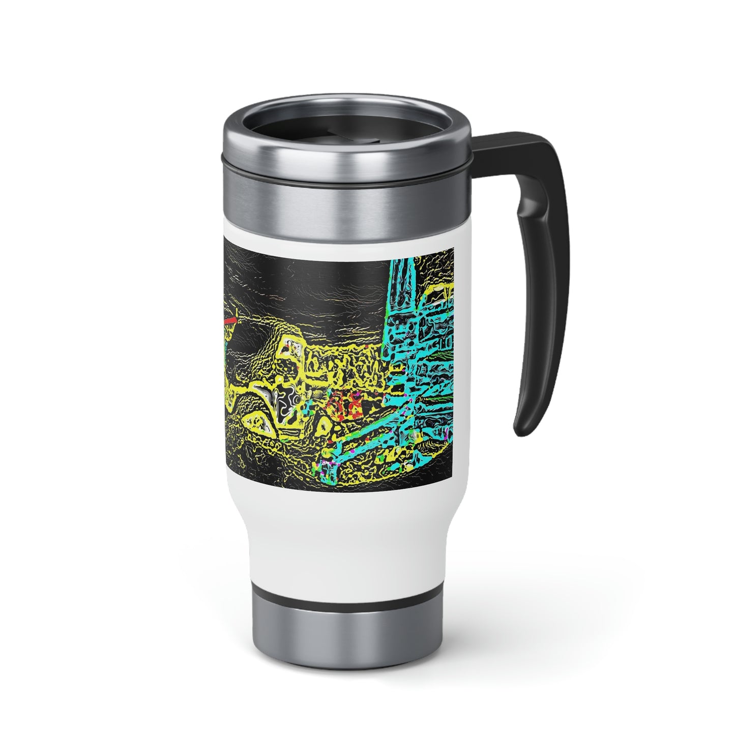 Stainless Steel Travel Mug with Handle, 14oz ... "Snow Vehicle In Snow Storm At-Rest" ... Circa 12Mar23 ... Central Idaho ... 18-Hours Rendering Time: Original Works ...