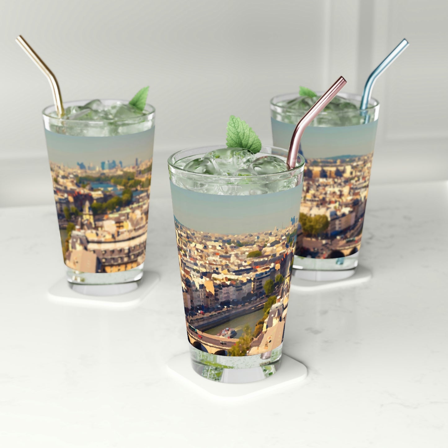 Pint Glass, 16oz ... Au Paris ... "Along The River Seine" ... Barbara Joan Bonnell-Holt: 1972 ... Original Works ...