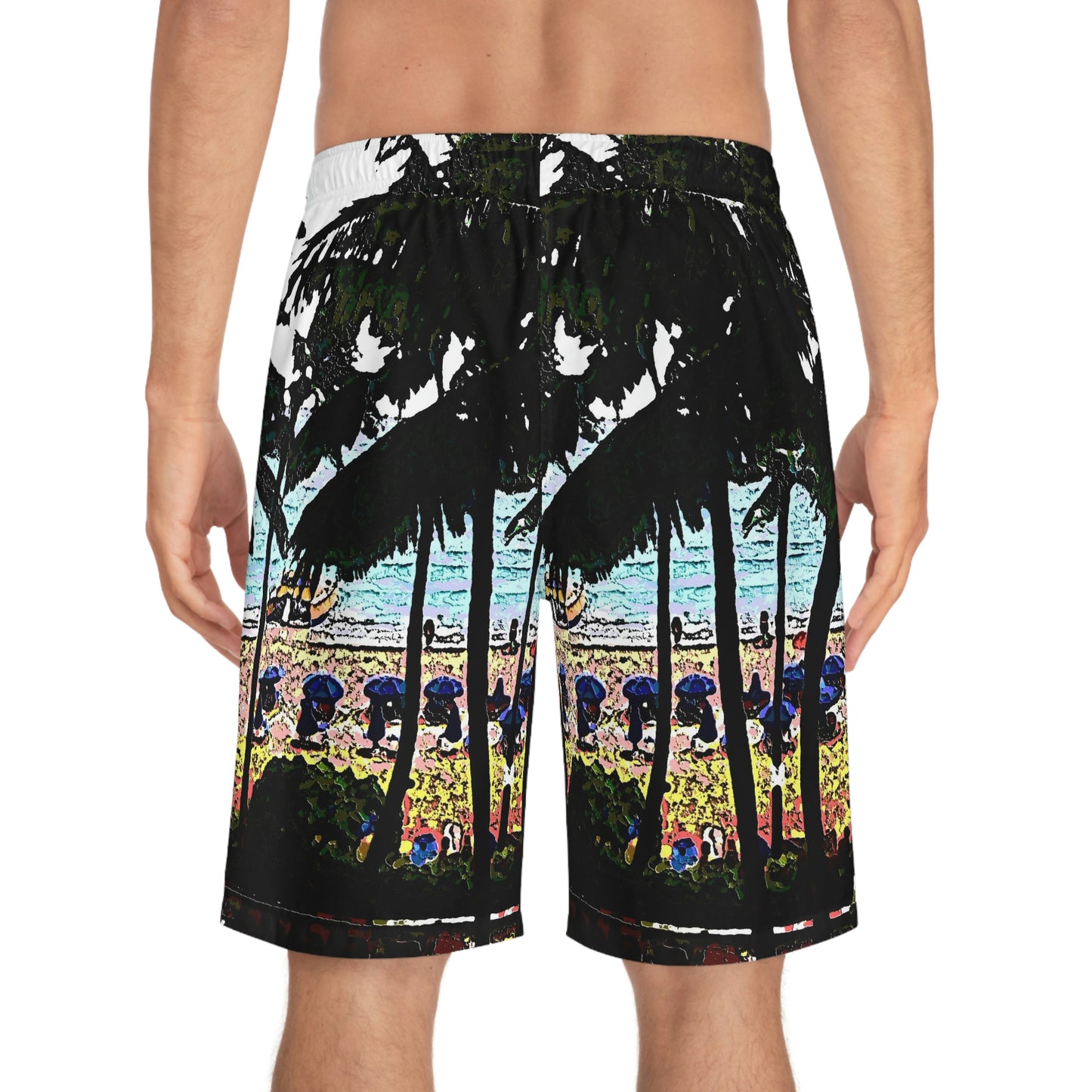 Men's Board Shorts (AOP) ...  "A Beautiful Beach Amongst The Palms" ... The Outrigger Waikiki, Honolulu, Oahu ... Original Works ...