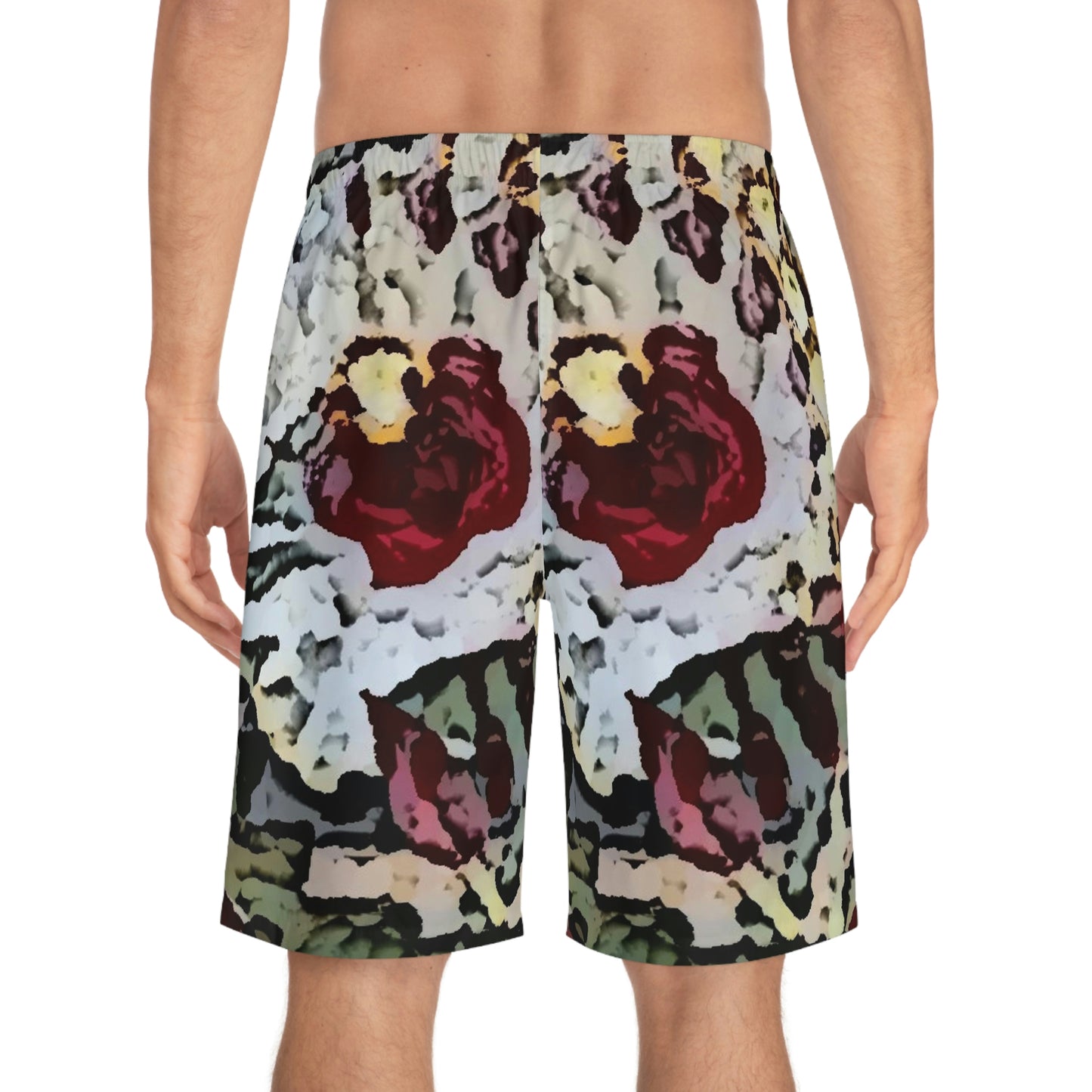 Men's Board Shorts (AOP) ... "A Friendly Flower" ... Pointsettia 'Pointing' ... Original Works ... (Supplied Photograph) ...