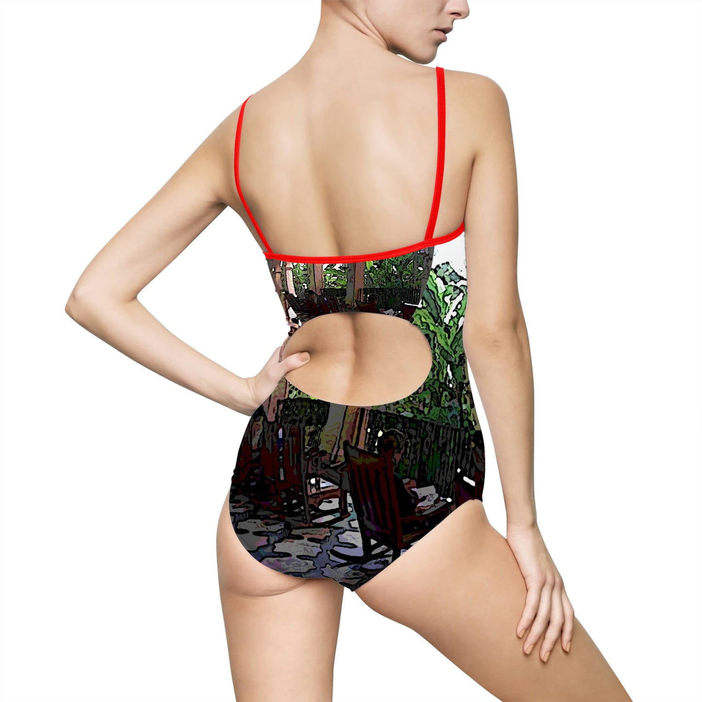 Women's One-piece Swimsuit ... Lanai & Rocking Chairs At: 'The Pink Palace' ... The Royal Hawai'ian ... Honolulu, HI ... '27Oct2014' ... Original Works ...