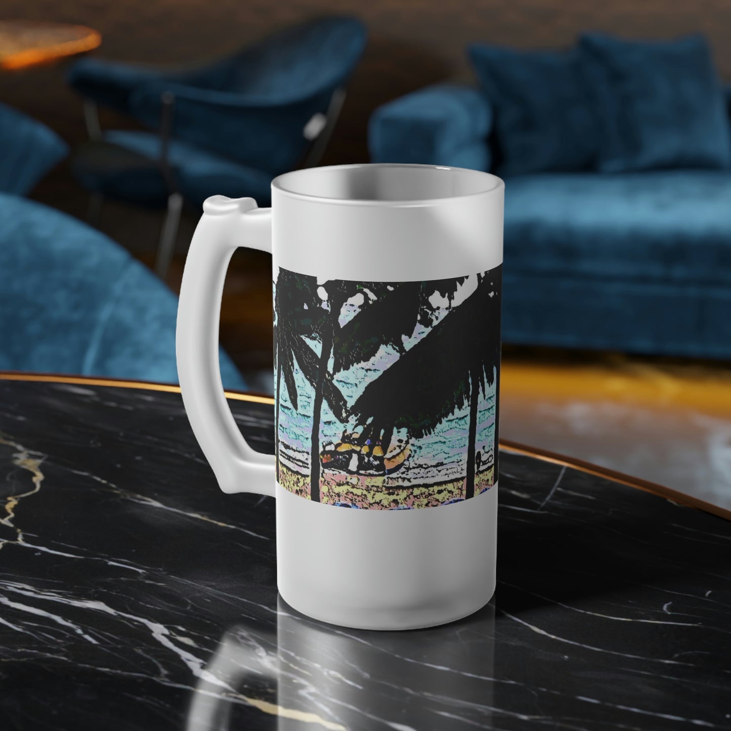 Frosted Glass Beer Mug ... "A Beautiful Beach Amongst The Palms" ... The Outrigger Waikiki, Honolulu, Oahu ... Original Works ...