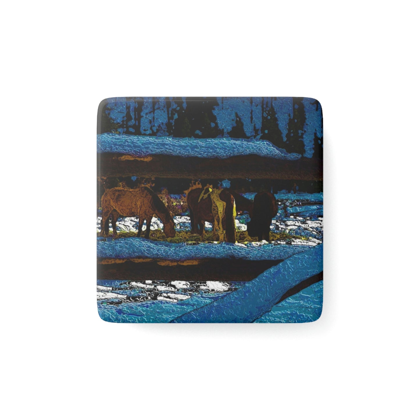 Porcelain Magnet, Square ... A Horse ... A Saddle ...  Foraging Through The Snow ...  An_Asses 'Cry' ... Central Idaho, November 2022 ...  Original Works ...