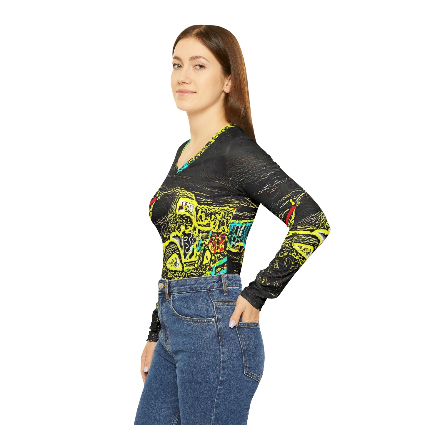 Women's Long Sleeve V-neck Shirt (AOP) ... "Snow Vehicle In Snow Storm At-Rest" ... Circa 12Mar23 ... Central Idaho ... 18-Hours Rendering Time: Original Works ...