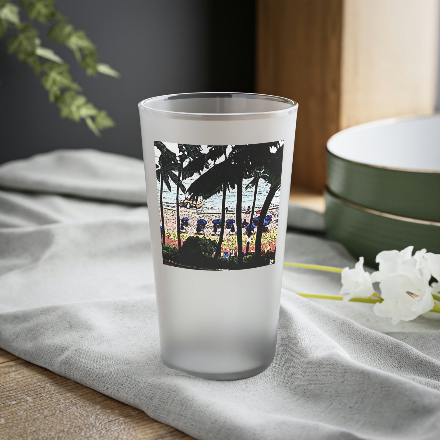 Frosted Pint Glass, 16oz ... "A Beautiful Beach Amongst The Palms" ... The Outrigger Waikiki, Honolulu, Oahu ... Original Works ...