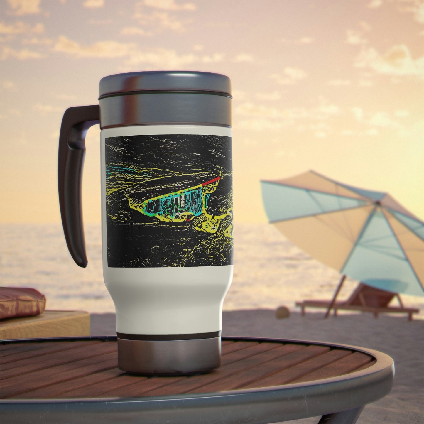 Stainless Steel Travel Mug with Handle, 14oz ... "Snow Vehicle In Snow Storm At-Rest" ... Circa 12Mar23 ... Central Idaho ... 18-Hours Rendering Time: Original Works ...