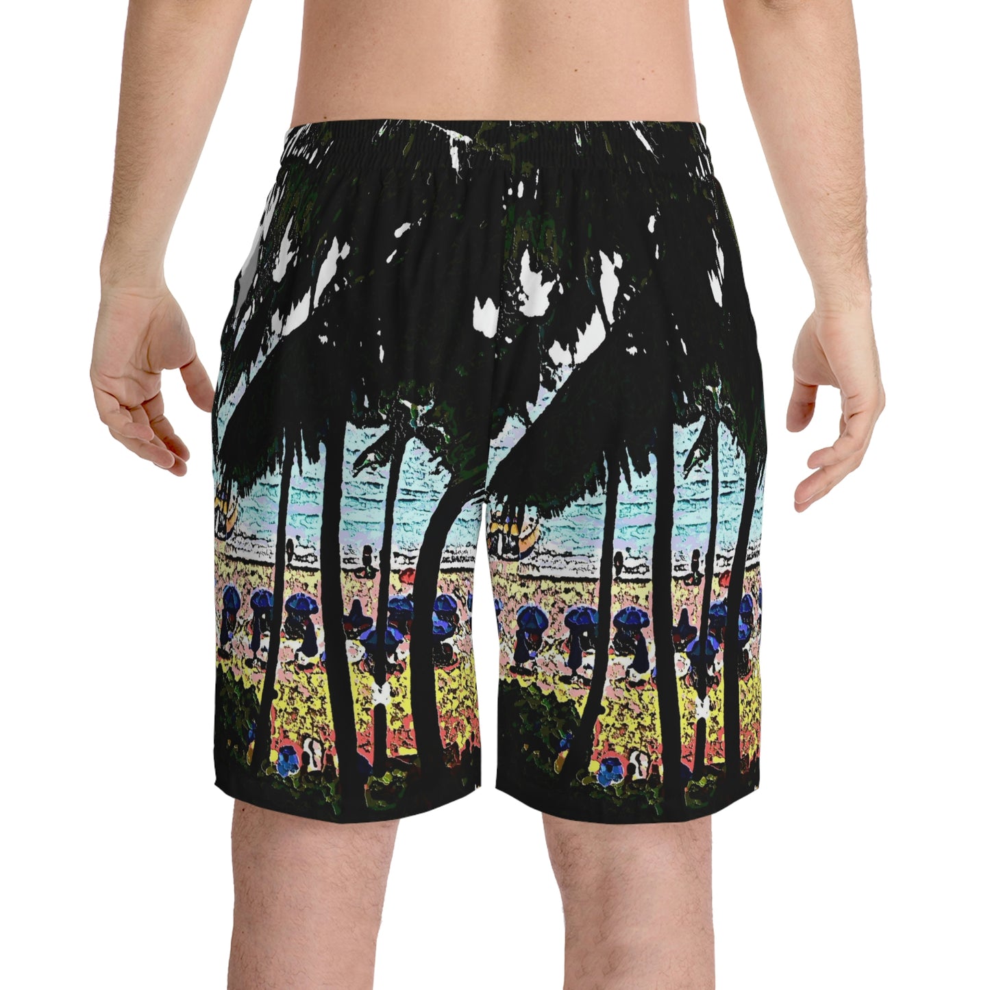 Men's Elastic Beach Shorts (AOP) ...  "A Beautiful Beach Amongst The Palms" ... The Outrigger Waikiki, Honolulu, Oahu ... Original Works ...