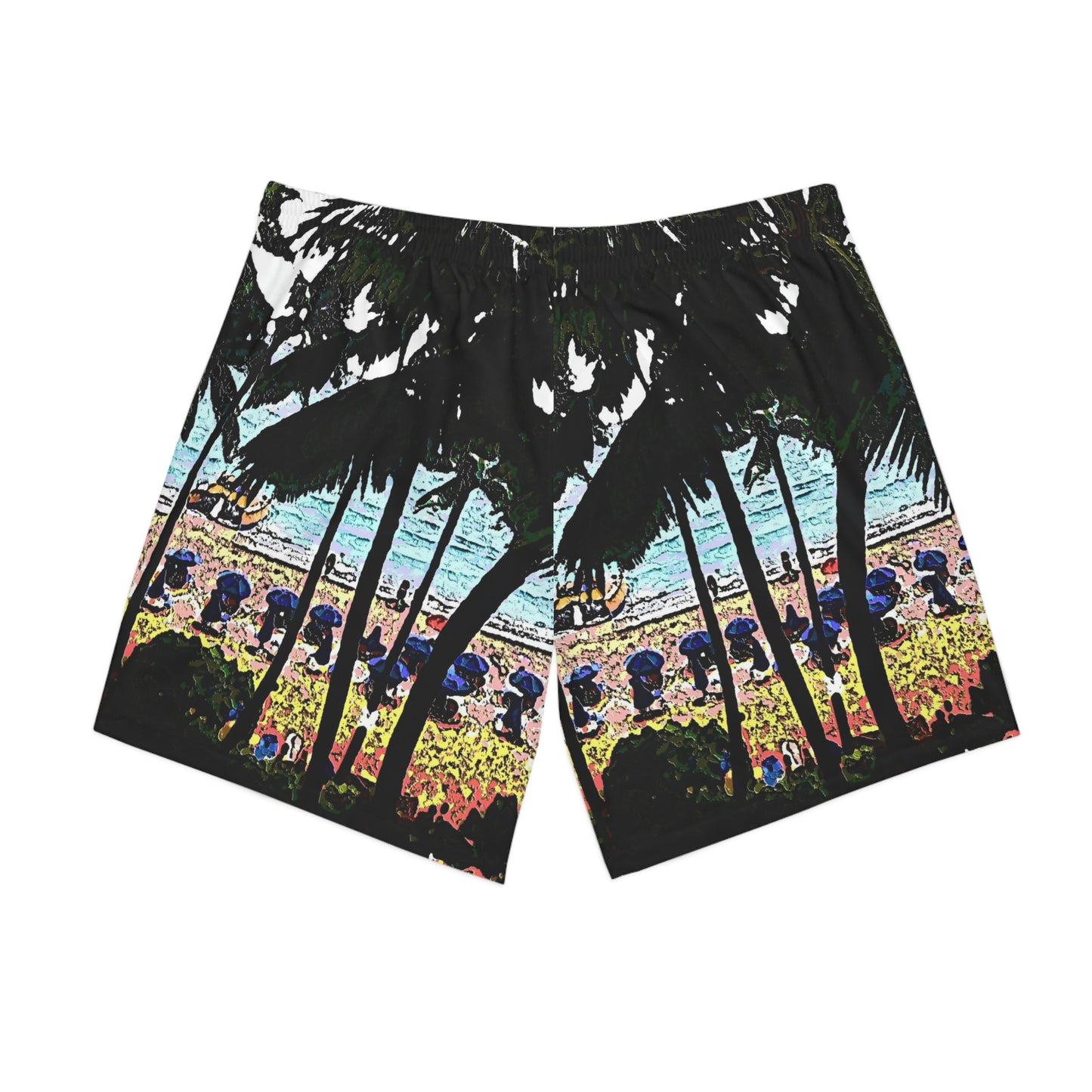 Men's Elastic Beach Shorts (AOP) ...  "A Beautiful Beach Amongst The Palms" ... The Outrigger Waikiki, Honolulu, Oahu ... Original Works ...