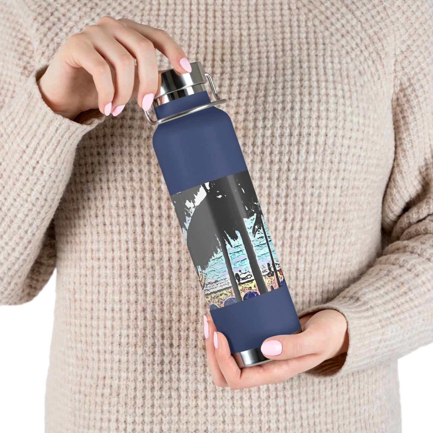 Copper Vacuum Insulated Bottle, 22oz ... "A Beautiful Beach Amongst The Palms" ... The Outrigger Waikiki, Honolulu, Oahu ... Original Works ...