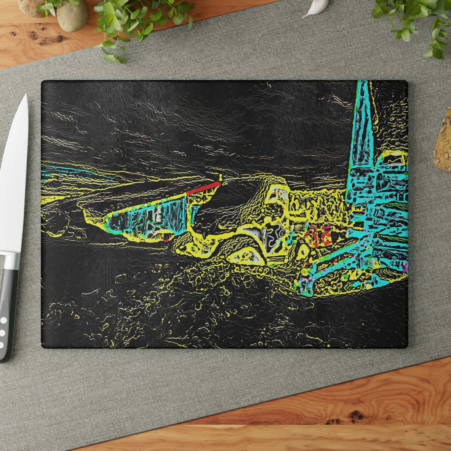 Glass Cutting Board ... "Snow Vehicle In Snow Storm At-Rest" ... Circa 12Mar23 ... Central Idaho ... 18-Hours Rendering Time: Original Works ...