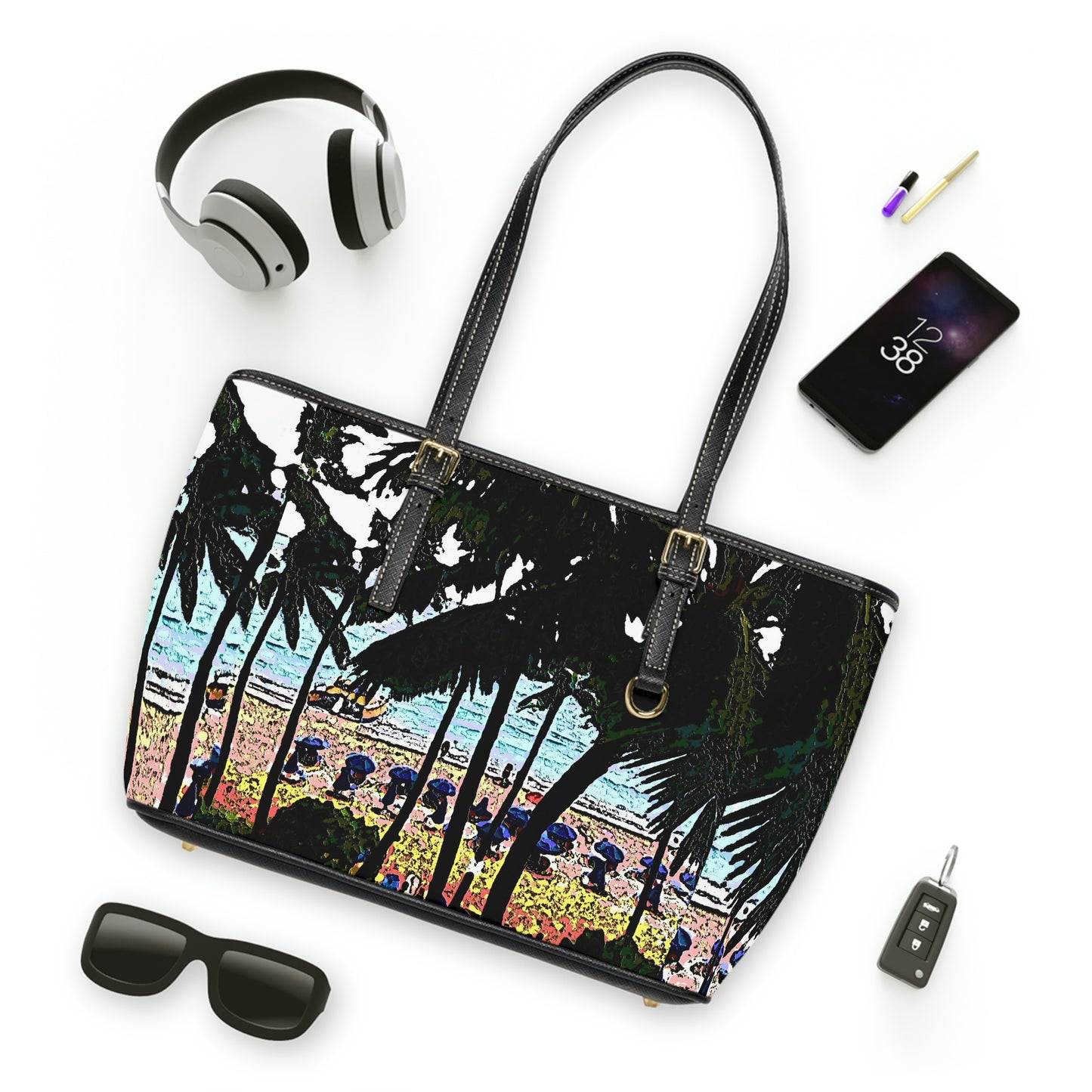 PU Leather Shoulder Bag ... "A Beautiful Beach Amongst The Palms" ... The Outrigger Waikiki, Honolulu, Oahu ... Original Works ...