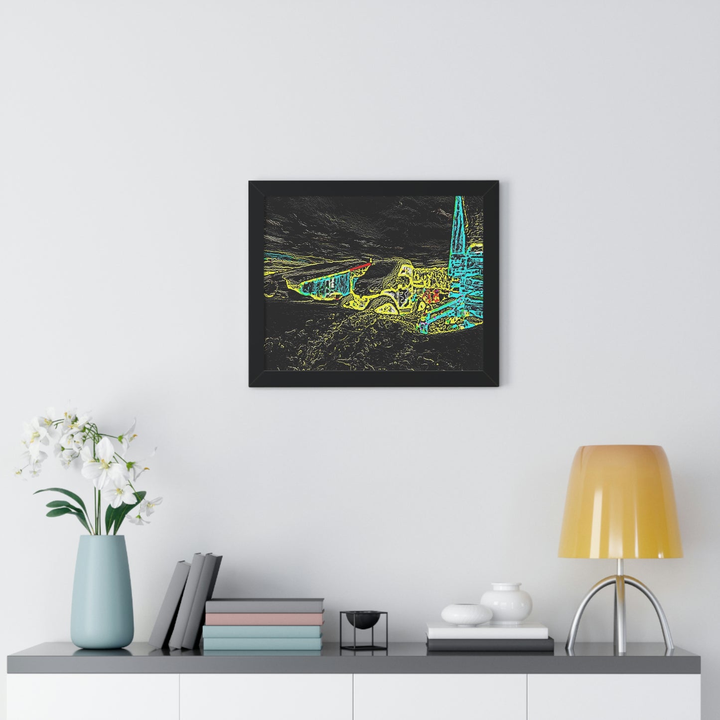 Framed Horizontal Poster ... "Snow Vehicle In Snow Storm At-Rest" ... Circa 12Mar23 ... Central Idaho ... 18-Hours Rendering Time: Original Works ...