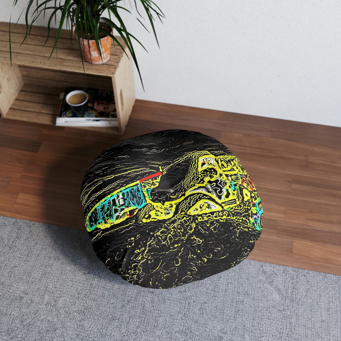 Tufted Floor Pillow, Round ...  "Snow Vehicle In Snow Storm At-Rest" ... Circa 12Mar23 ... Central Idaho ... 18-Hours Rendering Time: Original Works ...