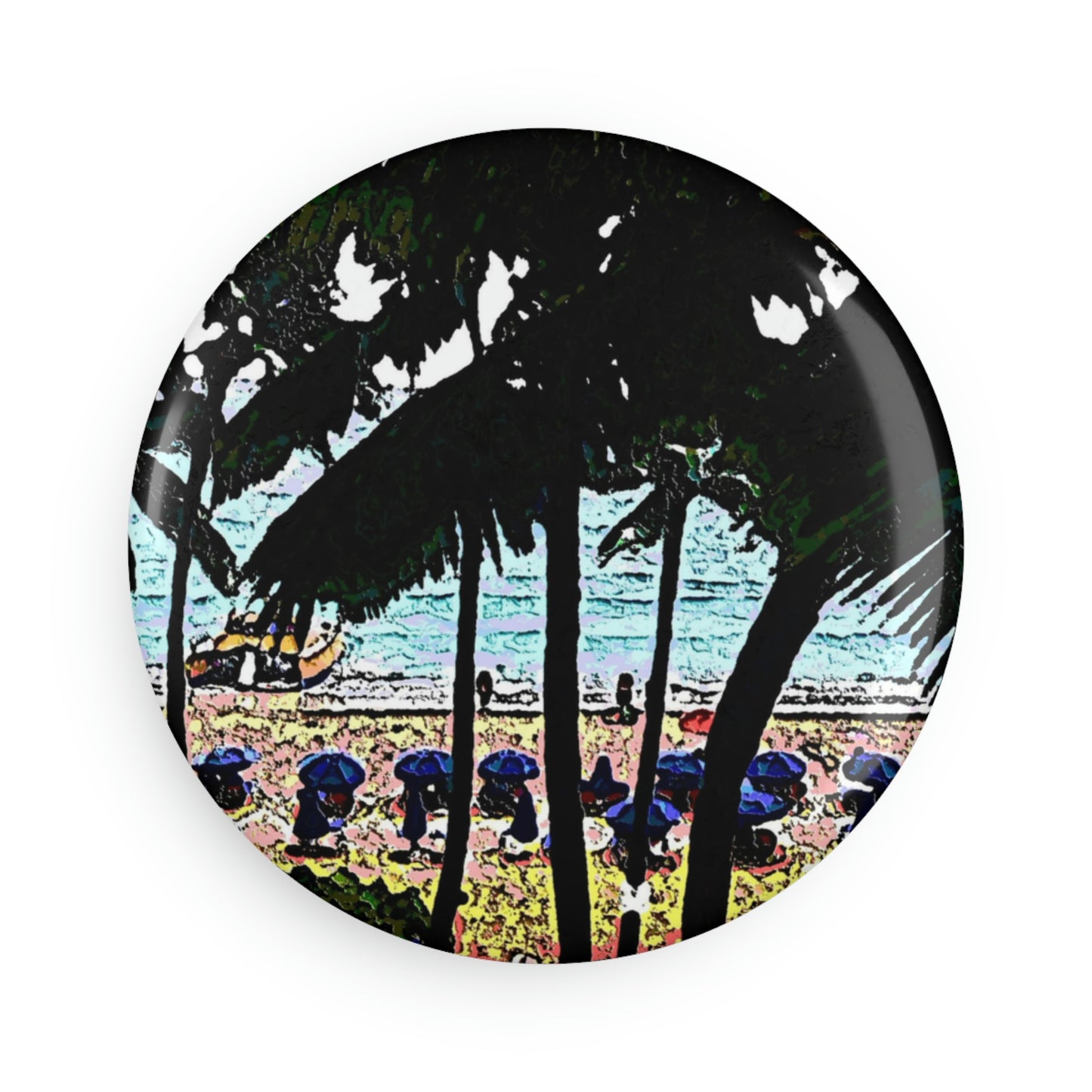 Button Magnet, Round (1 & 10 pcs) ... "A Beautiful Beach Amongst The Palms" ... The Outrigger Waikiki, Honolulu, Oahu ... Original Works ...