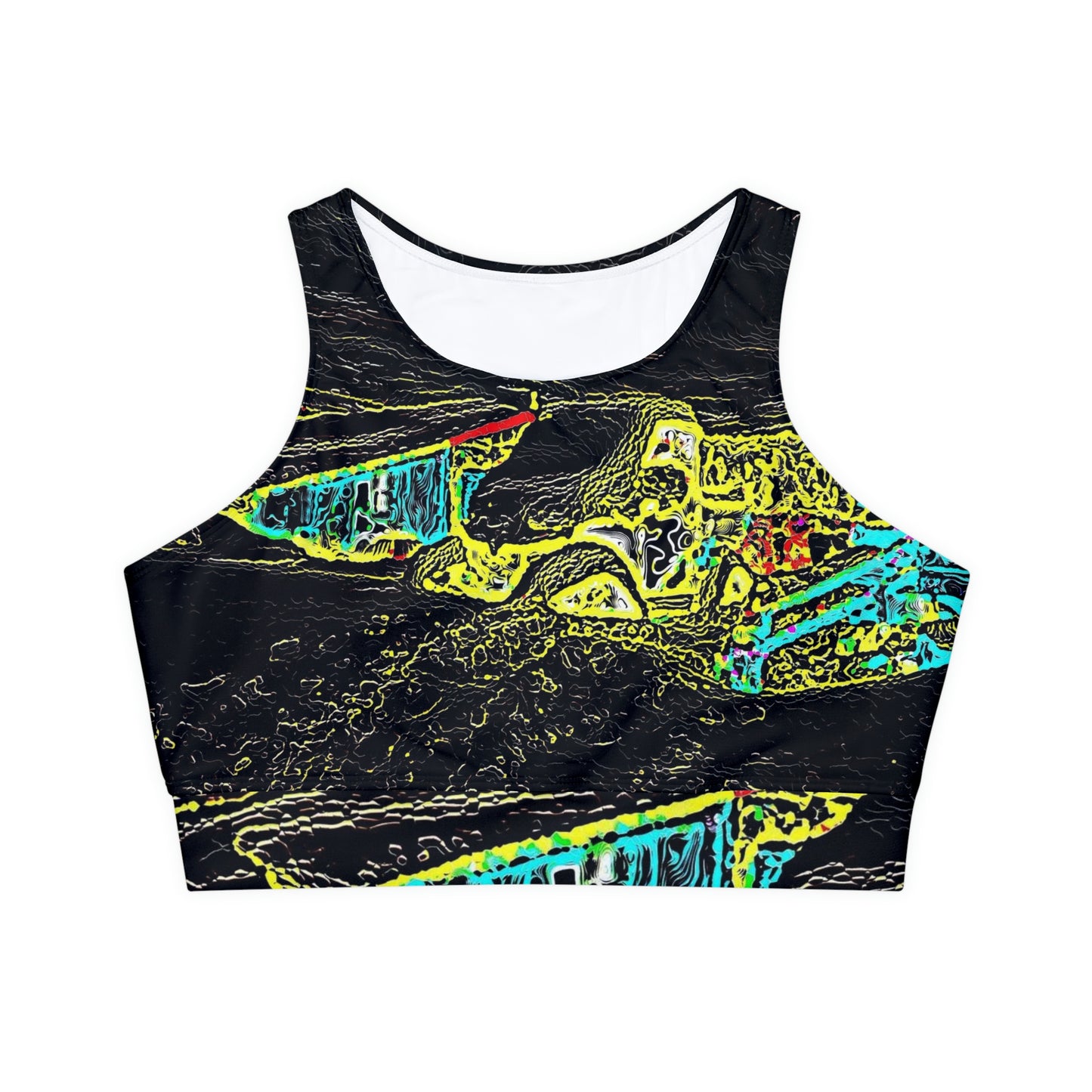 Fully Lined, Padded Sports Bra (AOP) ... "Snow Vehicle In Snow Storm At-Rest" ... Circa 12Mar23 ... Central Idaho ... 18-Hours Rendering Time: Original Works ...