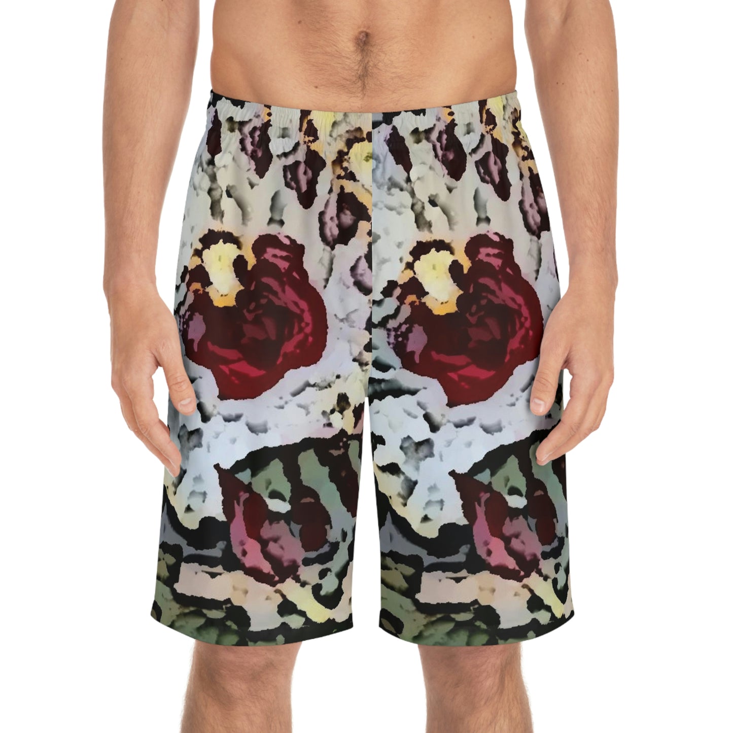 Men's Board Shorts (AOP) ... "A Friendly Flower" ... Pointsettia 'Pointing' ... Original Works ... (Supplied Photograph) ...