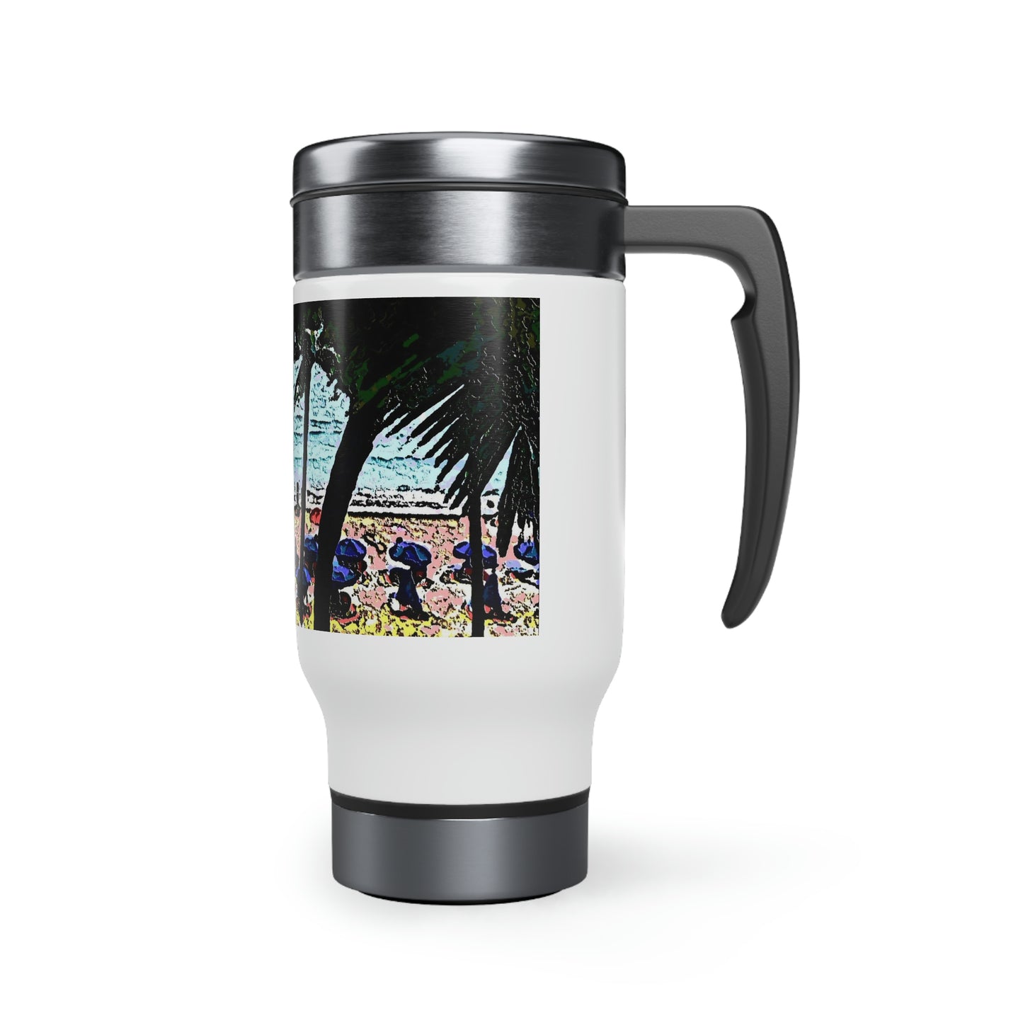 Stainless Steel Travel Mug with Handle, 14oz ... "A Beautiful Beach Amongst The Palms" ... The Outrigger Waikiki, Honolulu, Oahu ... Original Works ...