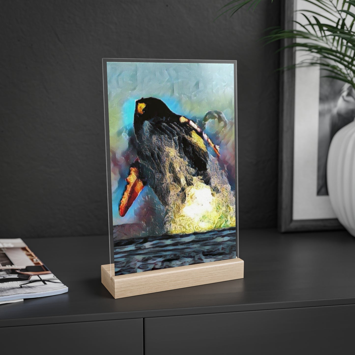 Acrylic Sign with Wooden Stand ... An Extraordinary Humpback Breach ... 'With Explosive Energy' ... Family Archives (KPH) ... Circa: 21st Century. Maui, HI ... Original Works ...