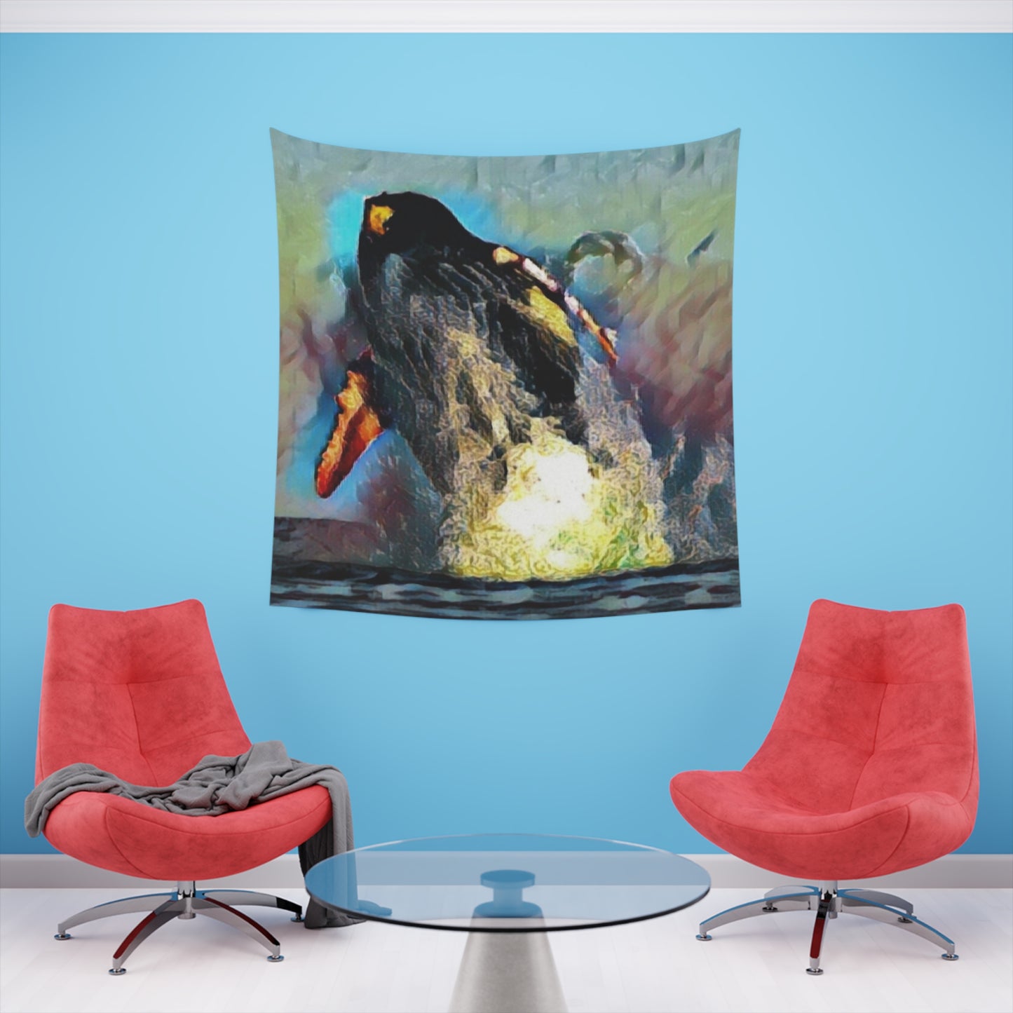 Printed Wall Tapestry ... An Extraordinary Humpback Breach ... 'With Explosive Energy' ... Family Archives (KPH) ... Circa: 21st Century. Maui, HI ... Original Works ...