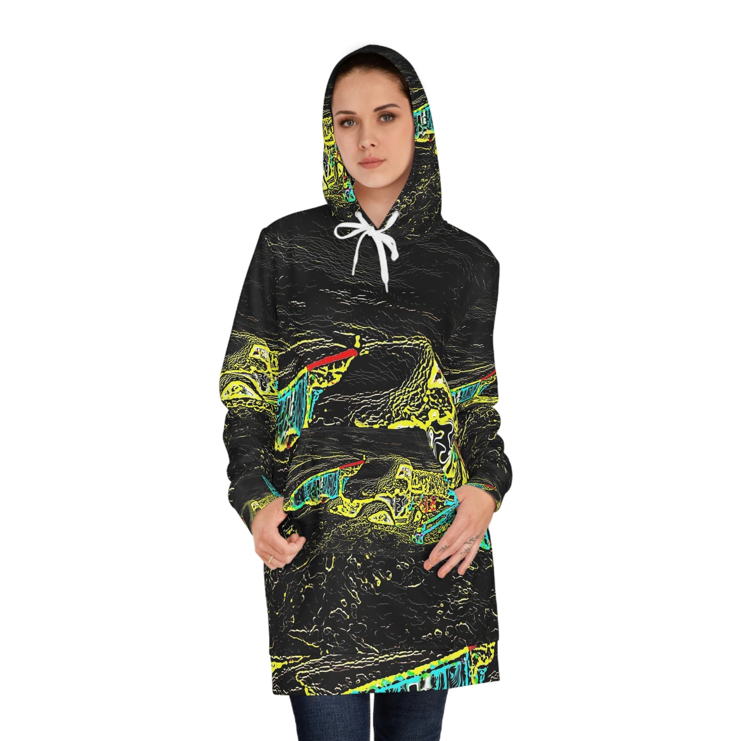 Women's Hoodie Dress (AOP) ... "Snow Vehicle In Snow Storm At-Rest" ... Circa 12Mar23 ... Central Idaho ... 18-Hours Rendering Time: Original Works ...