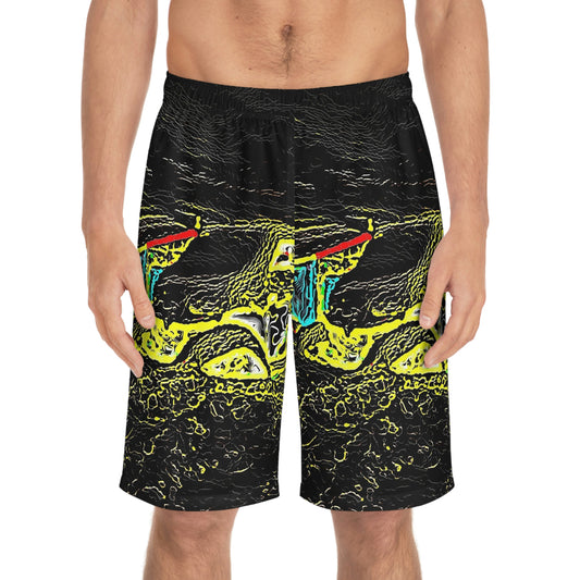 Men's Board Shorts (AOP) ... "Snow Vehicle In Snow Storm At-Rest" ... Circa 12Mar23 ... Central Idaho ... 18-Hours Rendering Time: Original Works ...