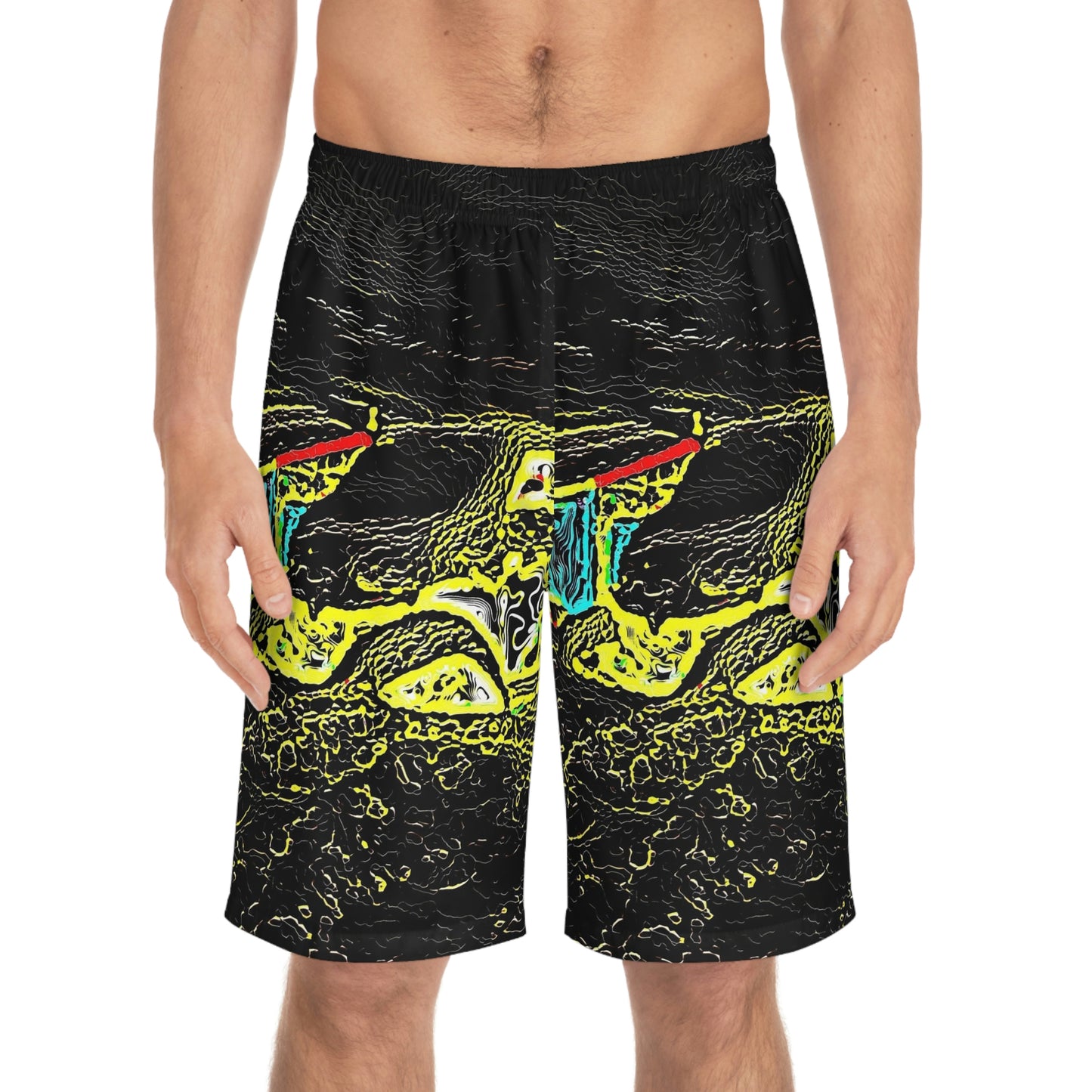Men's Board Shorts (AOP) ... "Snow Vehicle In Snow Storm At-Rest" ... Circa 12Mar23 ... Central Idaho ... 18-Hours Rendering Time: Original Works ...