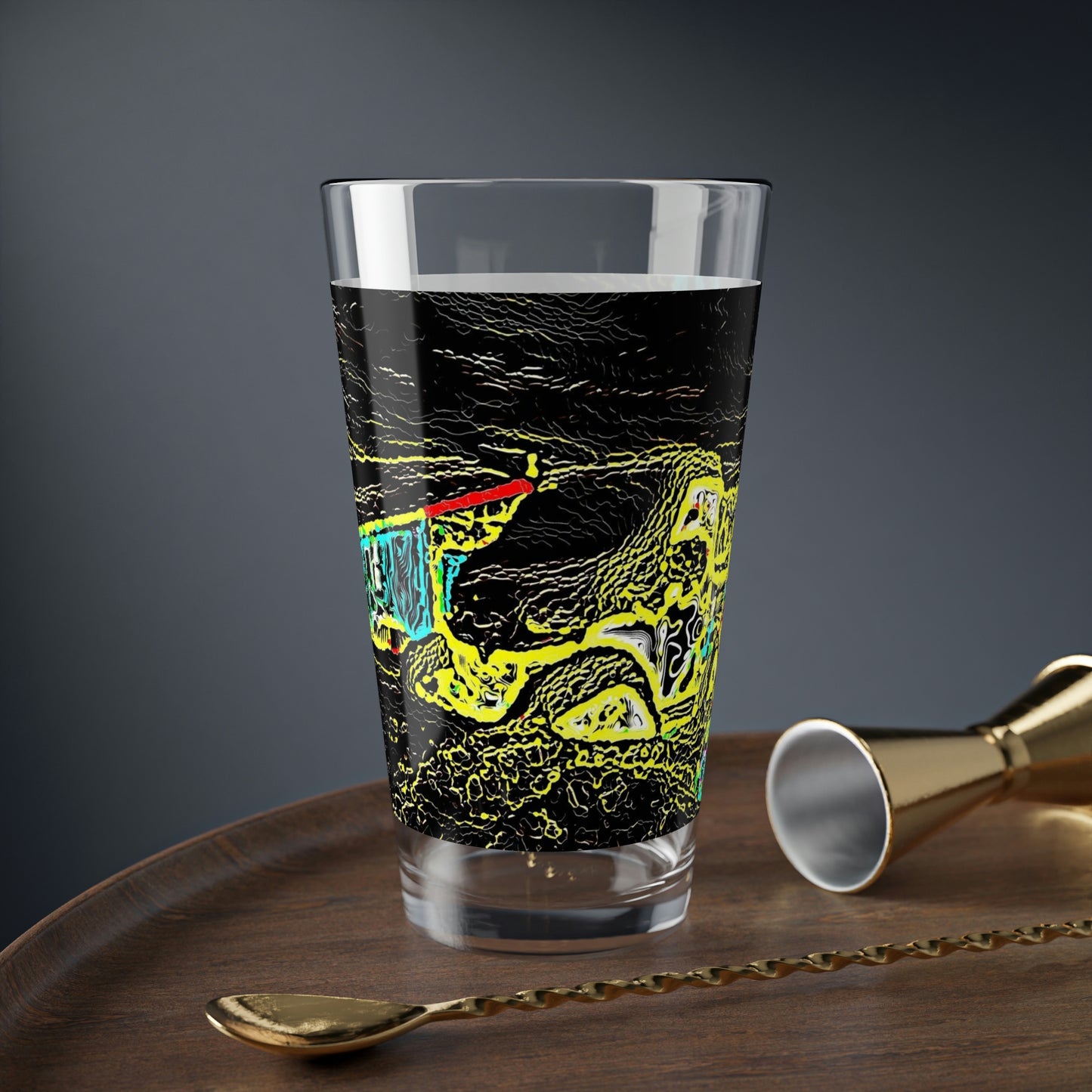 Mixing Glass, 16oz ... "Snow Vehicle In Snow Storm At-Rest" ... Circa 12Mar23 ... Central Idaho ... 18-Hours Rendering Time: Original Works ...