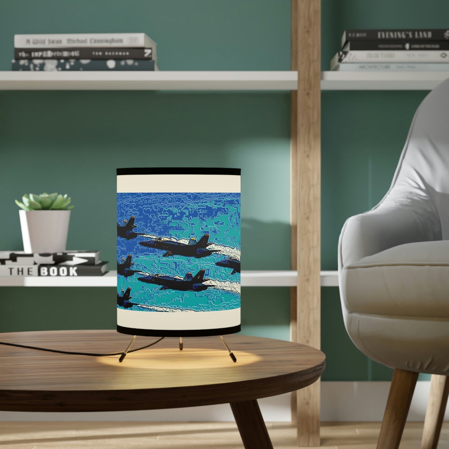 Tripod Lamp with High-Res Printed Shade, US\CA plug ... Seattle Seafair ..."Blue Angels Run Over Lake Washington" ... Circa Mid 1980's ... Dr FJ Holt ... Original Works ...