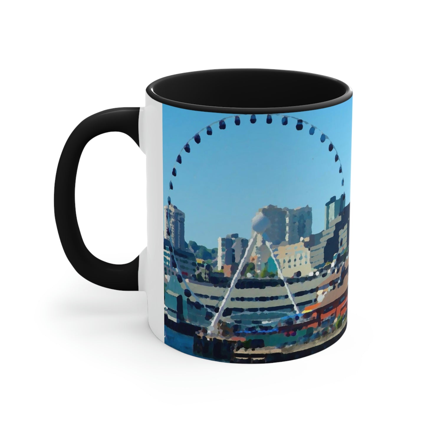 Accent Coffee Mug, 11oz ... That Classic Wheel ... 'Seattle's Wheel' ... & Old Classic Waterside Vendors ...  'Family Archives' ... Original Works ...