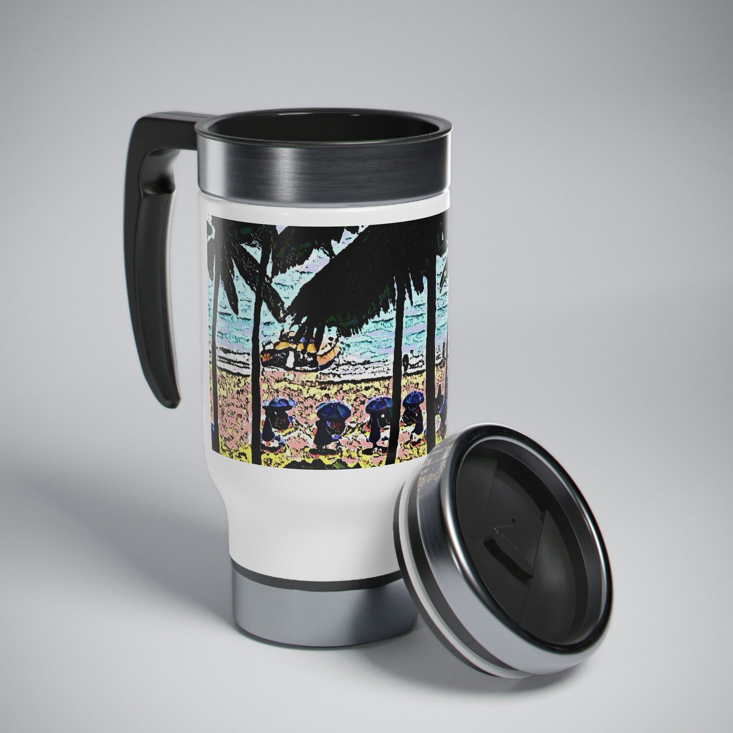 Stainless Steel Travel Mug with Handle, 14oz ... "A Beautiful Beach Amongst The Palms" ... The Outrigger Waikiki, Honolulu, Oahu ... Original Works ...