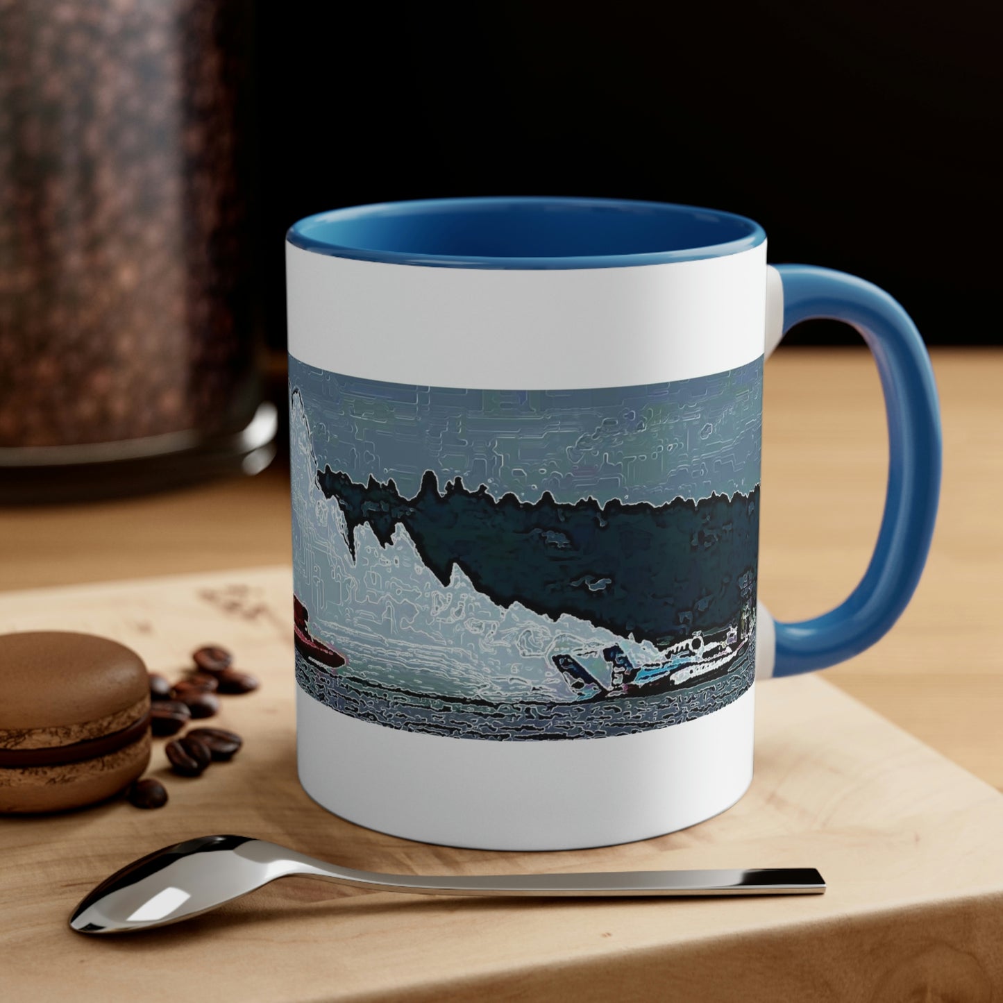 Accent Coffee Mug, 11oz ... Seattle Columbia Cup On Lake Washington ... "Dave Wilcox Heads For The Win" ... Associate Gift-Photo ... Original Works ...