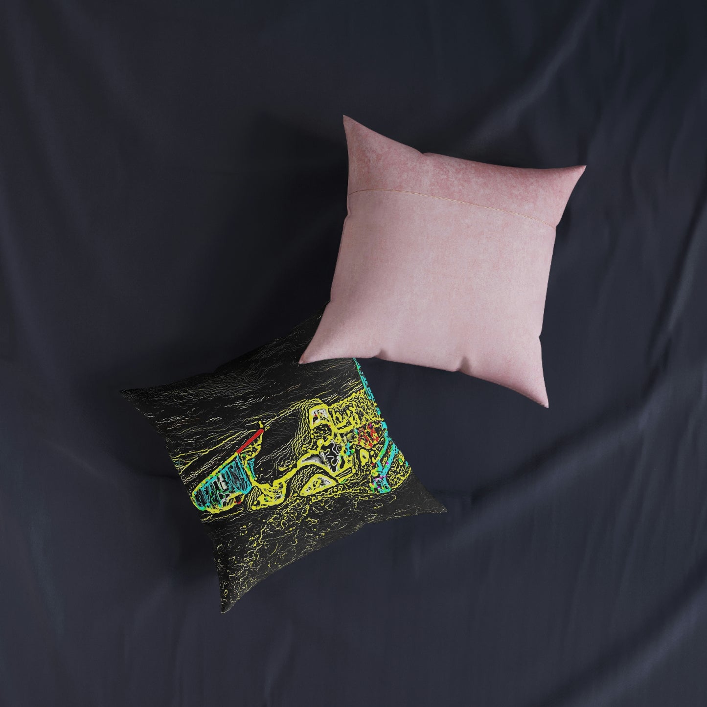 Square Pillow - Pink Back ...  "Snow Vehicle In Snow Storm At-Rest" ... Circa 12Mar23 ... Central Idaho ... 18-Hours Rendering Time: Original Works ...