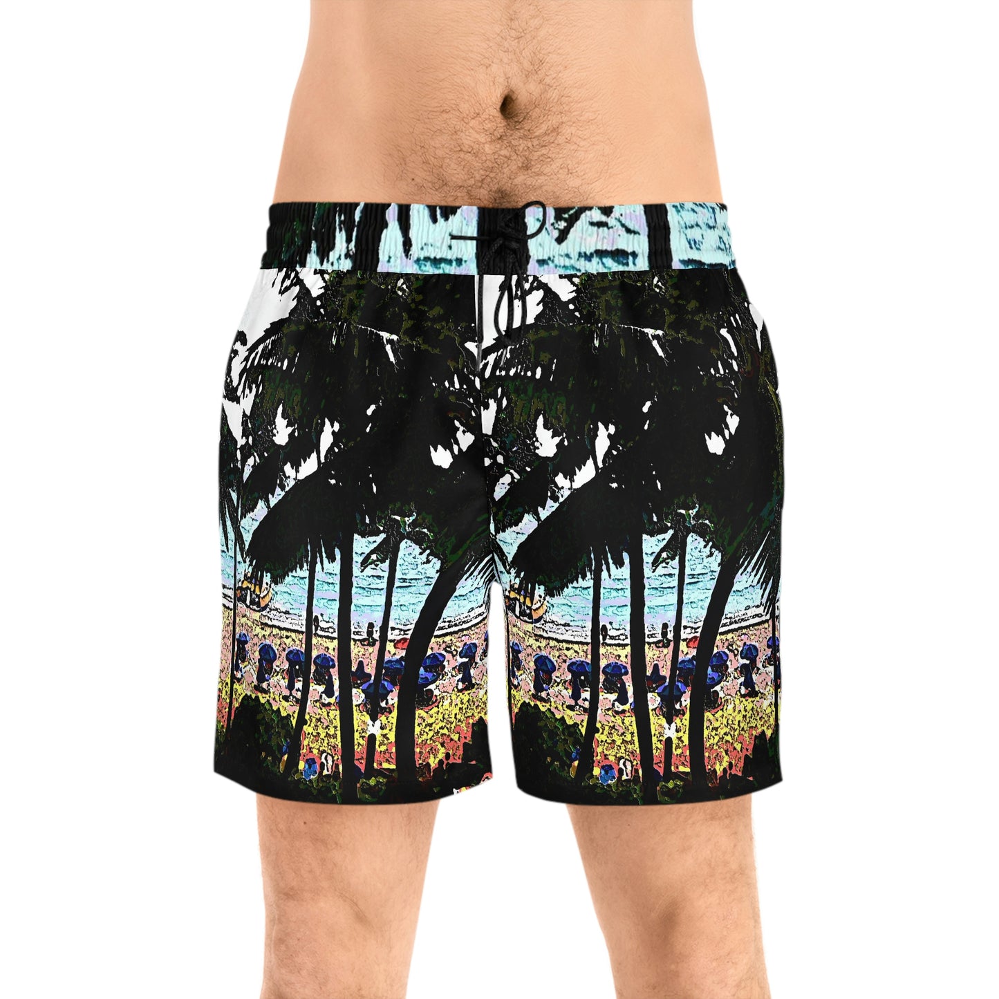 Men's Mid-Length Swim Shorts (AOP) ... "A Beautiful Beach Amongst The Palms" ... The Outrigger Waikiki, Honolulu, Oahu ... Original Works ...