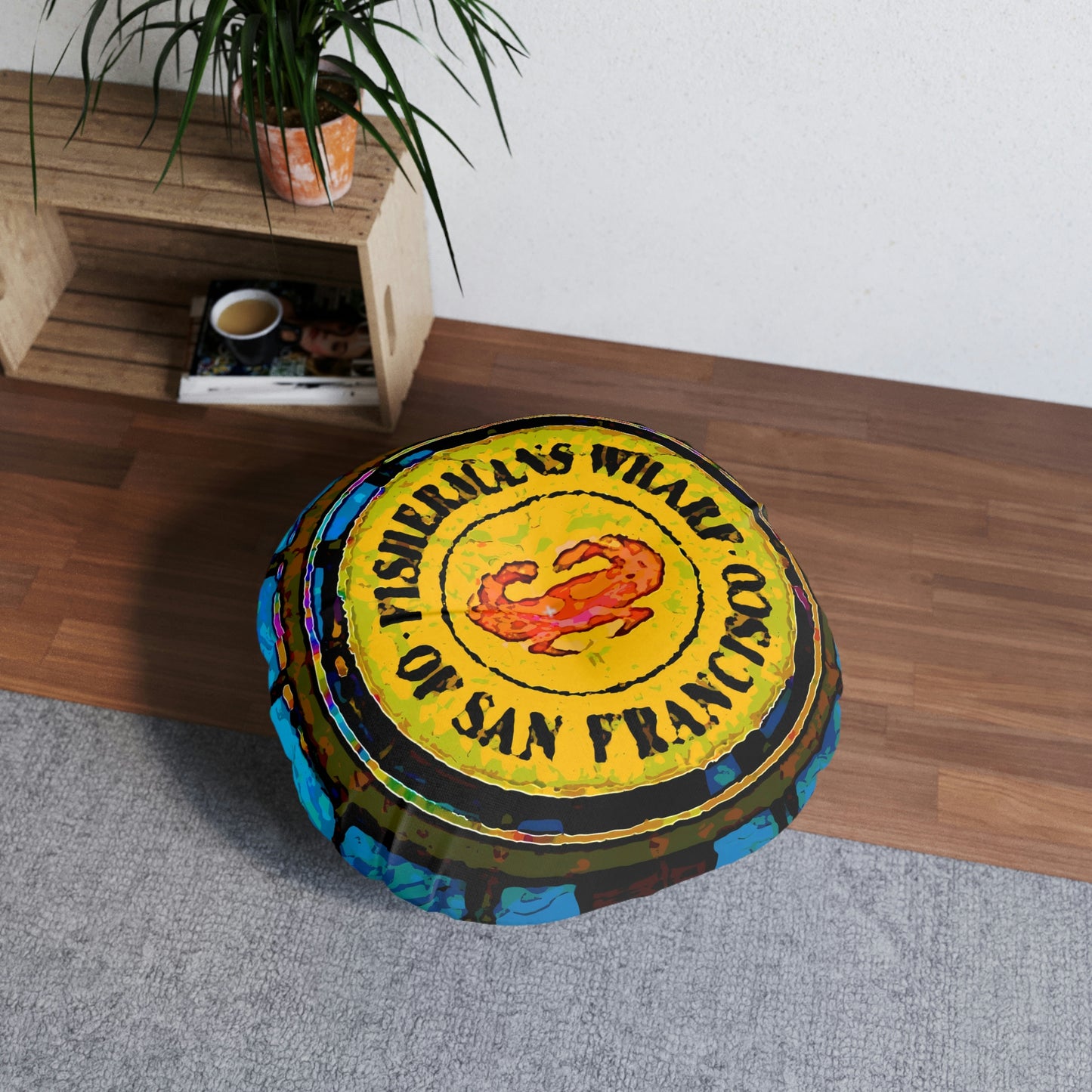 Tufted Floor Pillow, Round ... "No.9 Fishermen's Grotto - Fishermen's Wharf, SF, California" ... Family Archives: 1970's ... Original Works ...