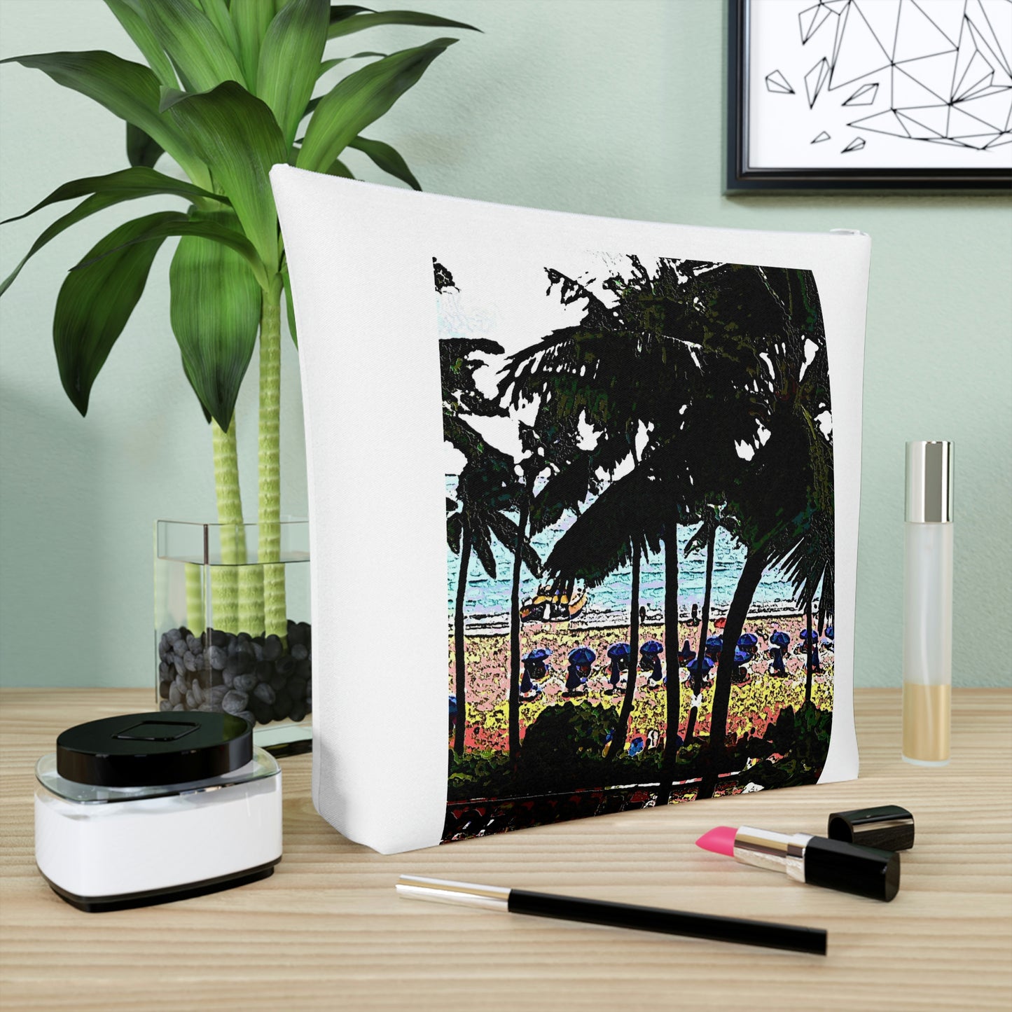 Cotton Cosmetic Bag ... "A Beautiful Beach Amongst The Palms" ... The Outrigger Waikiki, Honolulu, Oahu ... Original Works ...