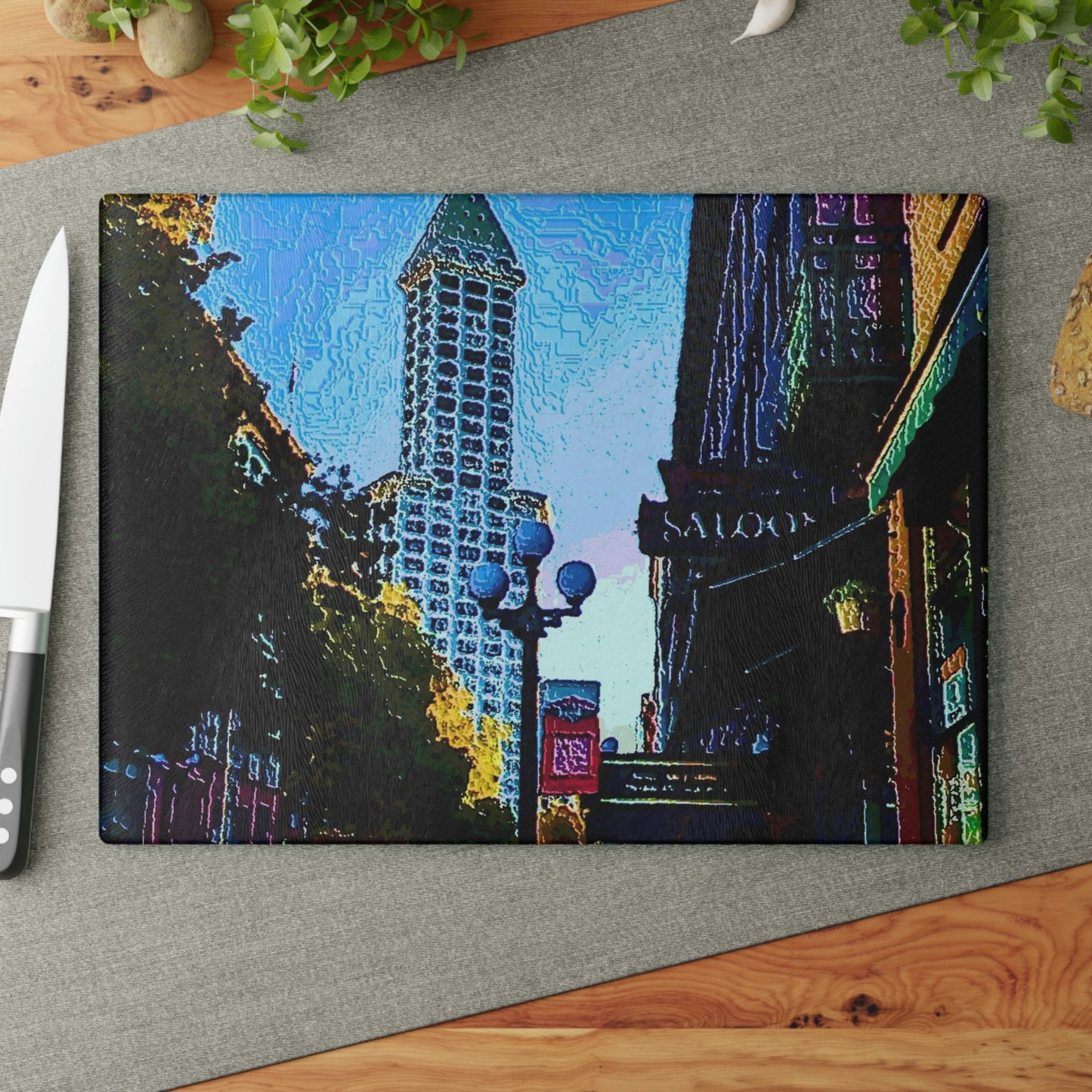 Glass Cutting Board ....  Pioneer Square & Smith Tower ... 'That World Famous View' ... Colleague Supplied Photo ... Original Works ...