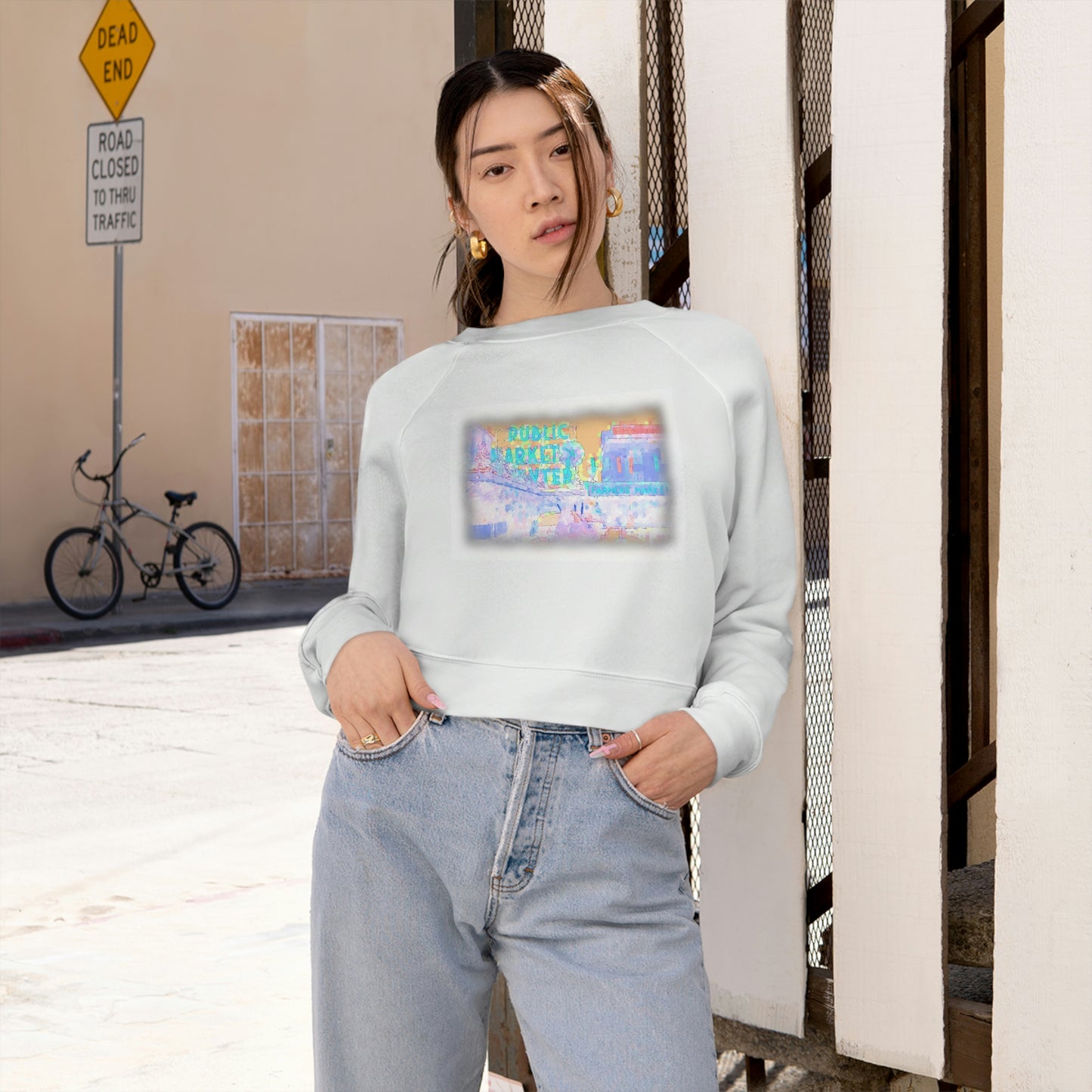 Women's Cropped Fleece Pullover ... PPM: Pike Place Market ... "Enjoying That Wrold Famous Hot Cup Of Maket Spice Tea" ...