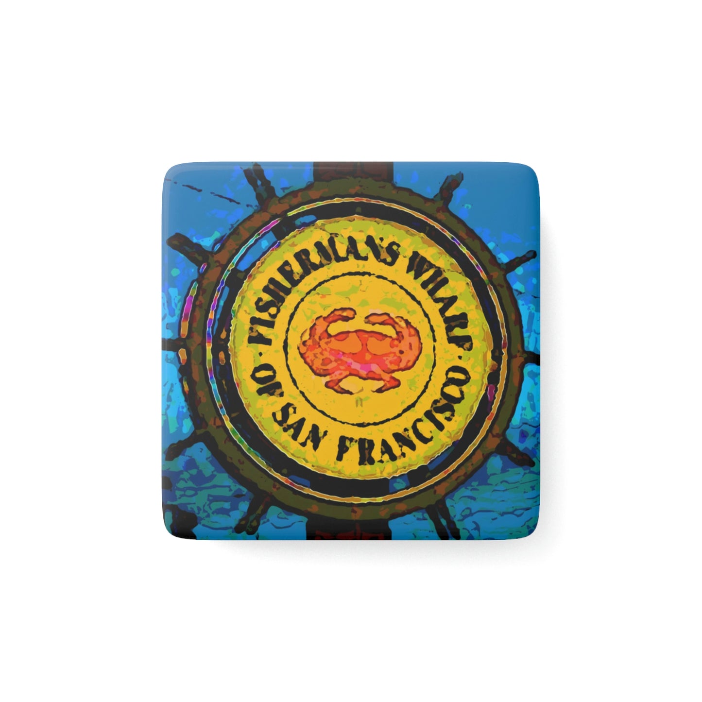 Porcelain Magnet, Square ...  "No.9 Fishermen's Grotto - Fishermen's Wharf, SF, California" ... Family Archives: 1970's ... Original Works ...