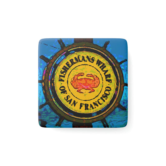 Porcelain Magnet, Square ...  "No.9 Fishermen's Grotto - Fishermen's Wharf, SF, California" ... Family Archives: 1970's ... Original Works ...