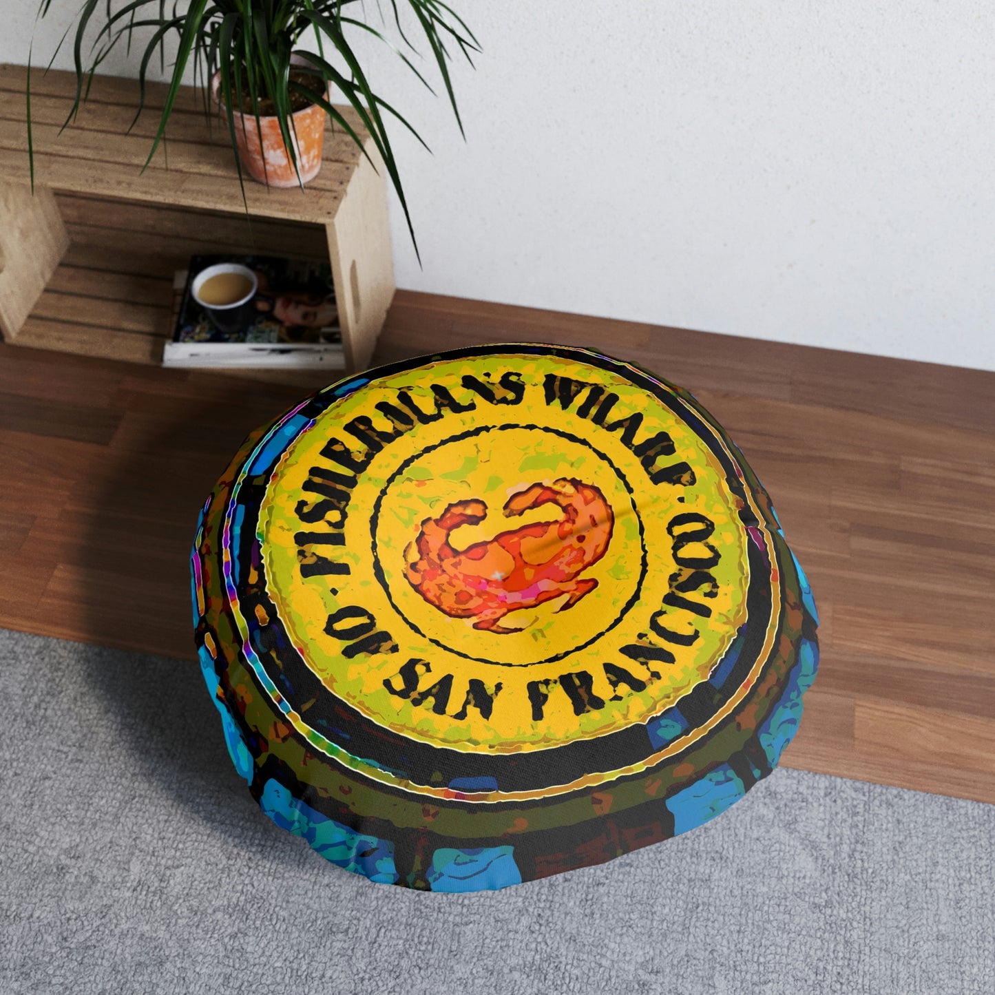 Tufted Floor Pillow, Round ... "No.9 Fishermen's Grotto - Fishermen's Wharf, SF, California" ... Family Archives: 1970's ... Original Works ...