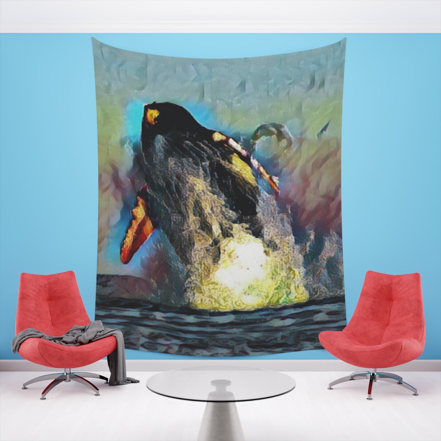 Printed Wall Tapestry ... An Extraordinary Humpback Breach ... 'With Explosive Energy' ... Family Archives (KPH) ... Circa: 21st Century. Maui, HI ... Original Works ...