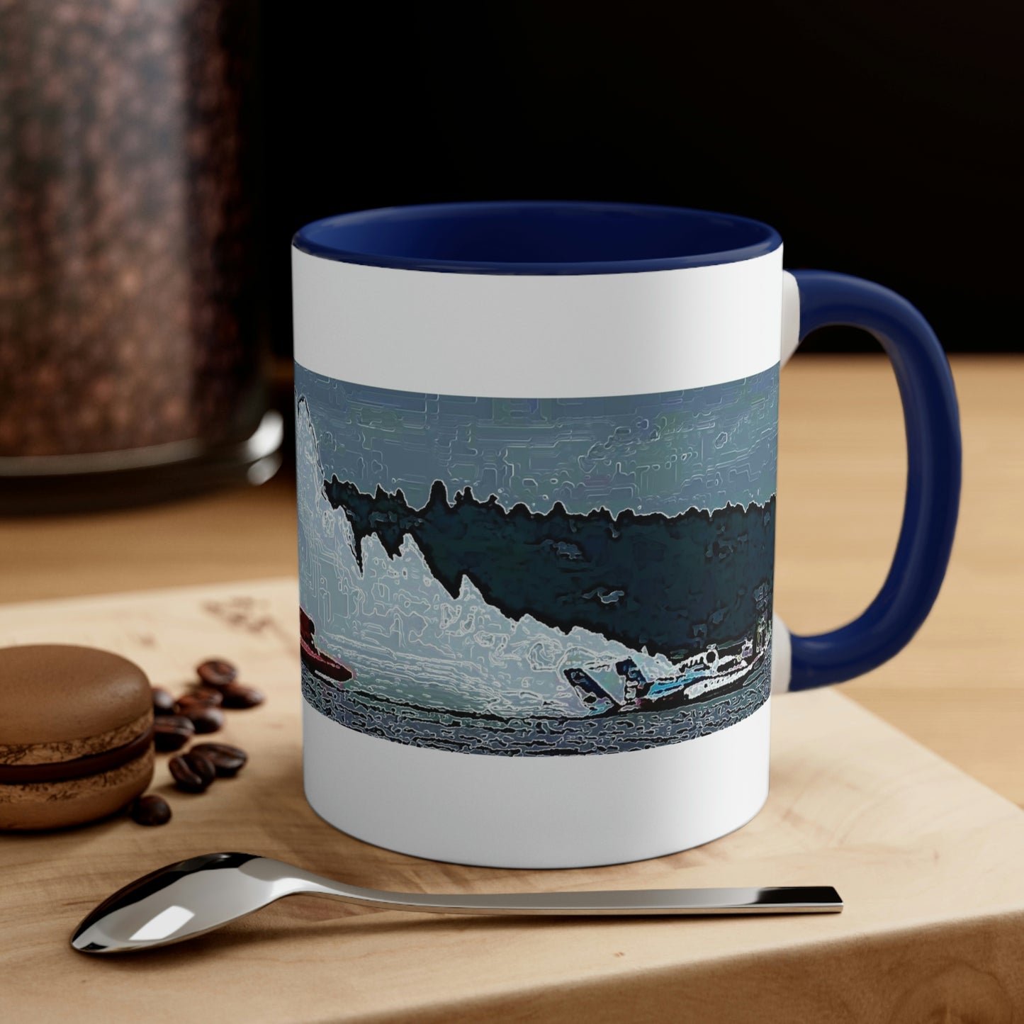 Accent Coffee Mug, 11oz ... Seattle Columbia Cup On Lake Washington ... "Dave Wilcox Heads For The Win" ... Associate Gift-Photo ... Original Works ...