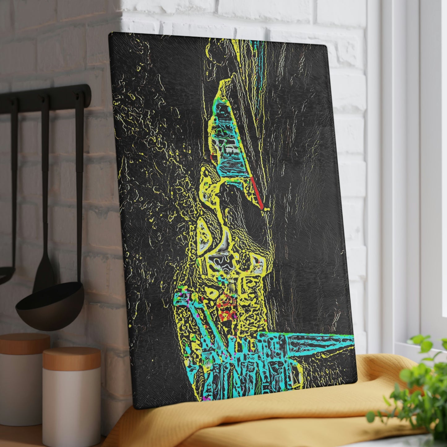 Glass Cutting Board ... "Snow Vehicle In Snow Storm At-Rest" ... Circa 12Mar23 ... Central Idaho ... 18-Hours Rendering Time: Original Works ...