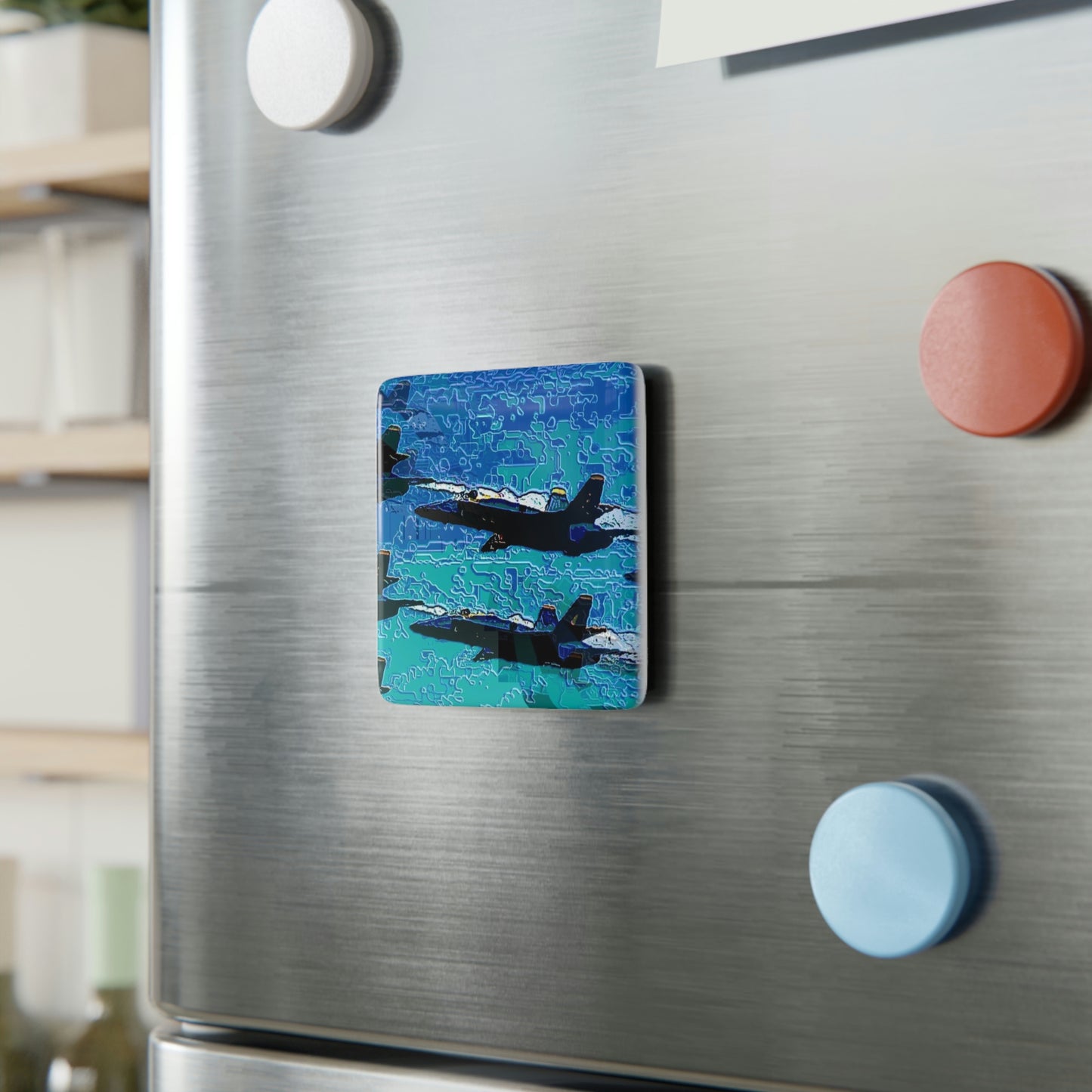 Porcelain Magnet, Square ... Seattle Seafair ..."Blue Angels Run Over Lake Washington" ... Circa Mid 1980's ... Dr FJ Holt ... Original Works ...