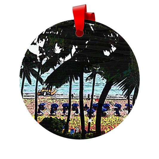 Plywood Ornaments (Round, Berlin) ...  "A Beautiful Beach Amongst The Palms" ... The Outrigger Waikiki, Honolulu, Oahu ... Original Works ...