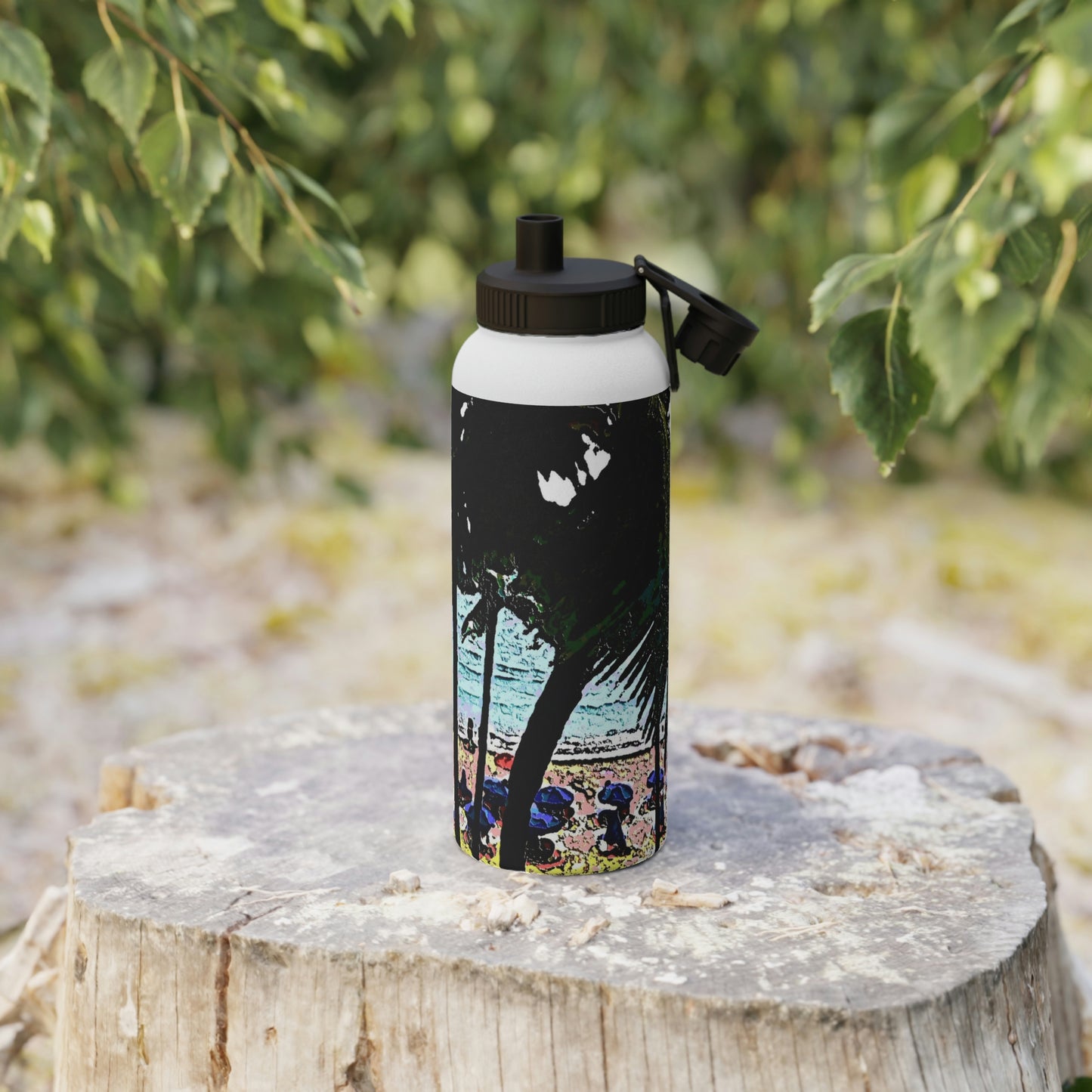 Stainless Steel Water Bottle, Sports Lid ... "A Beautiful Beach Amongst The Palms" ... The Outrigger Waikiki, Honolulu, Oahu ... Original Works ...